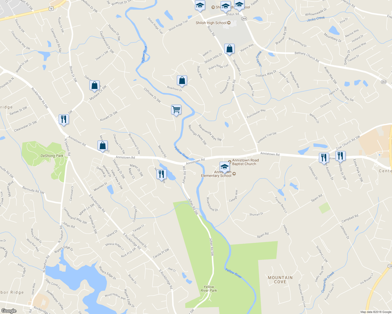 map of restaurants, bars, coffee shops, grocery stores, and more near 4660 Annistown Road in Snellville