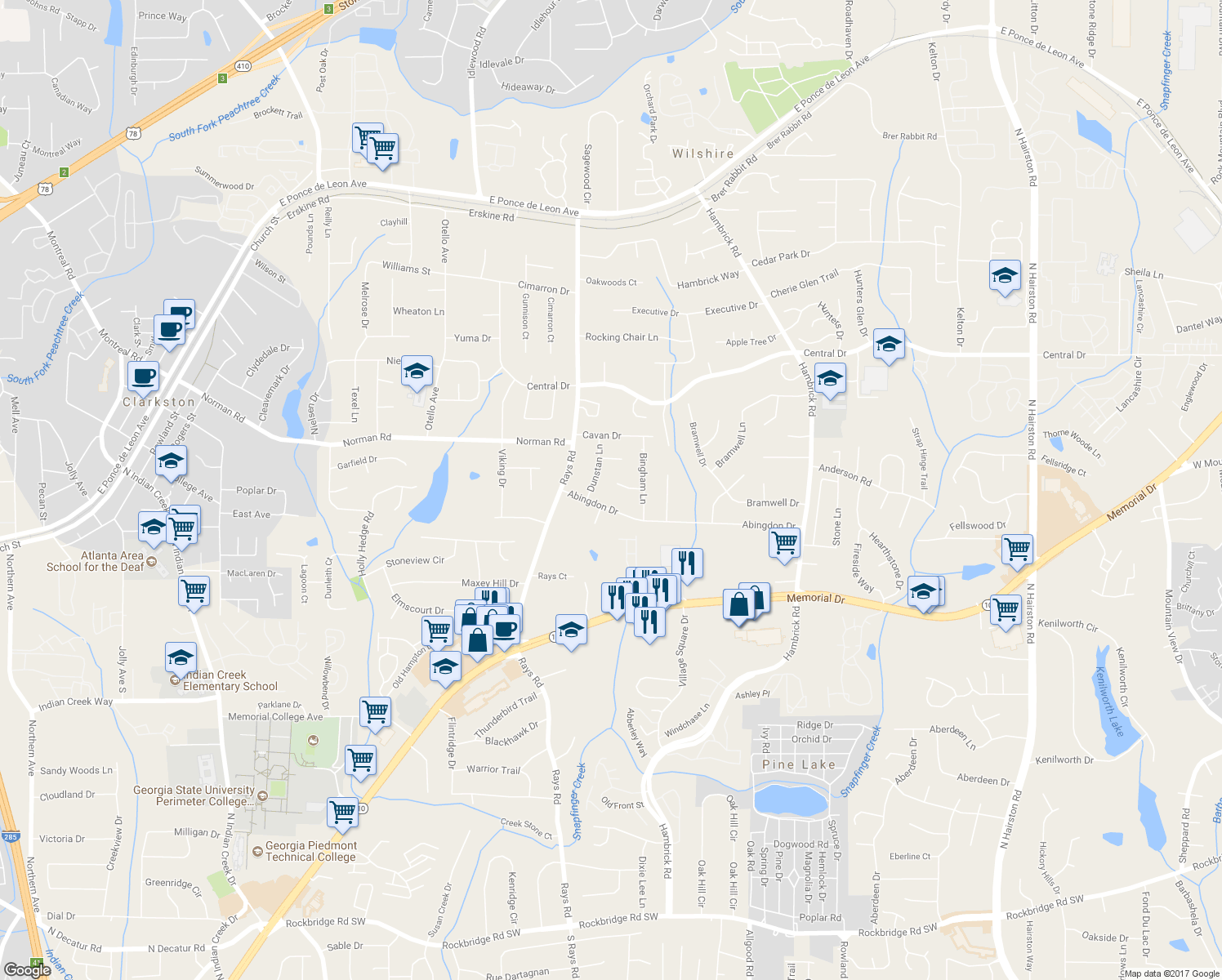 map of restaurants, bars, coffee shops, grocery stores, and more near 4239 Bingham Court in Stone Mountain
