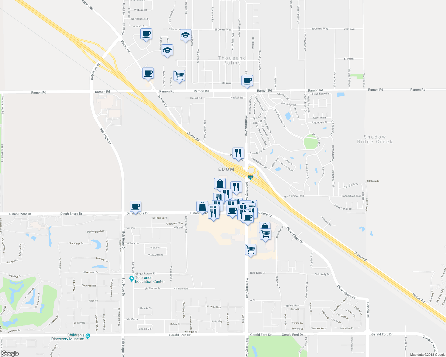 map of restaurants, bars, coffee shops, grocery stores, and more near 72700 Dinah Shore Drive in Palm Desert