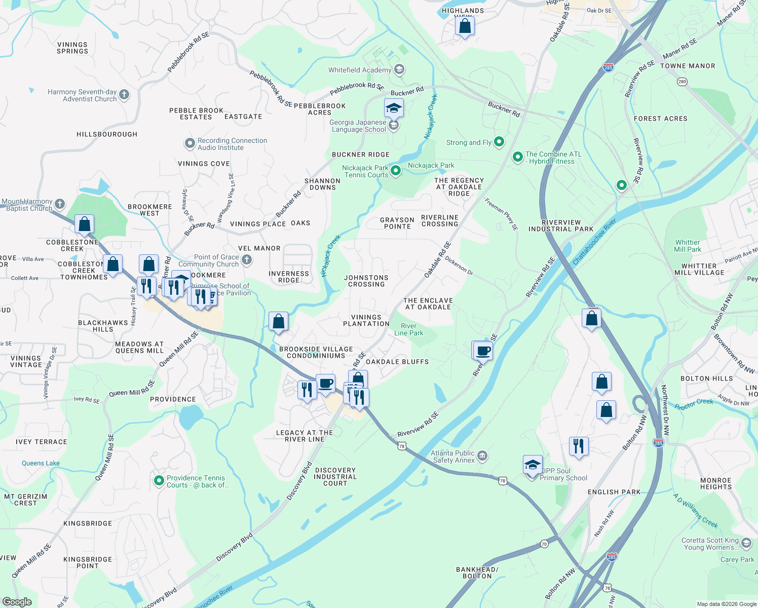 map of restaurants, bars, coffee shops, grocery stores, and more near 5921 Farmcrest Point Southeast in Mableton
