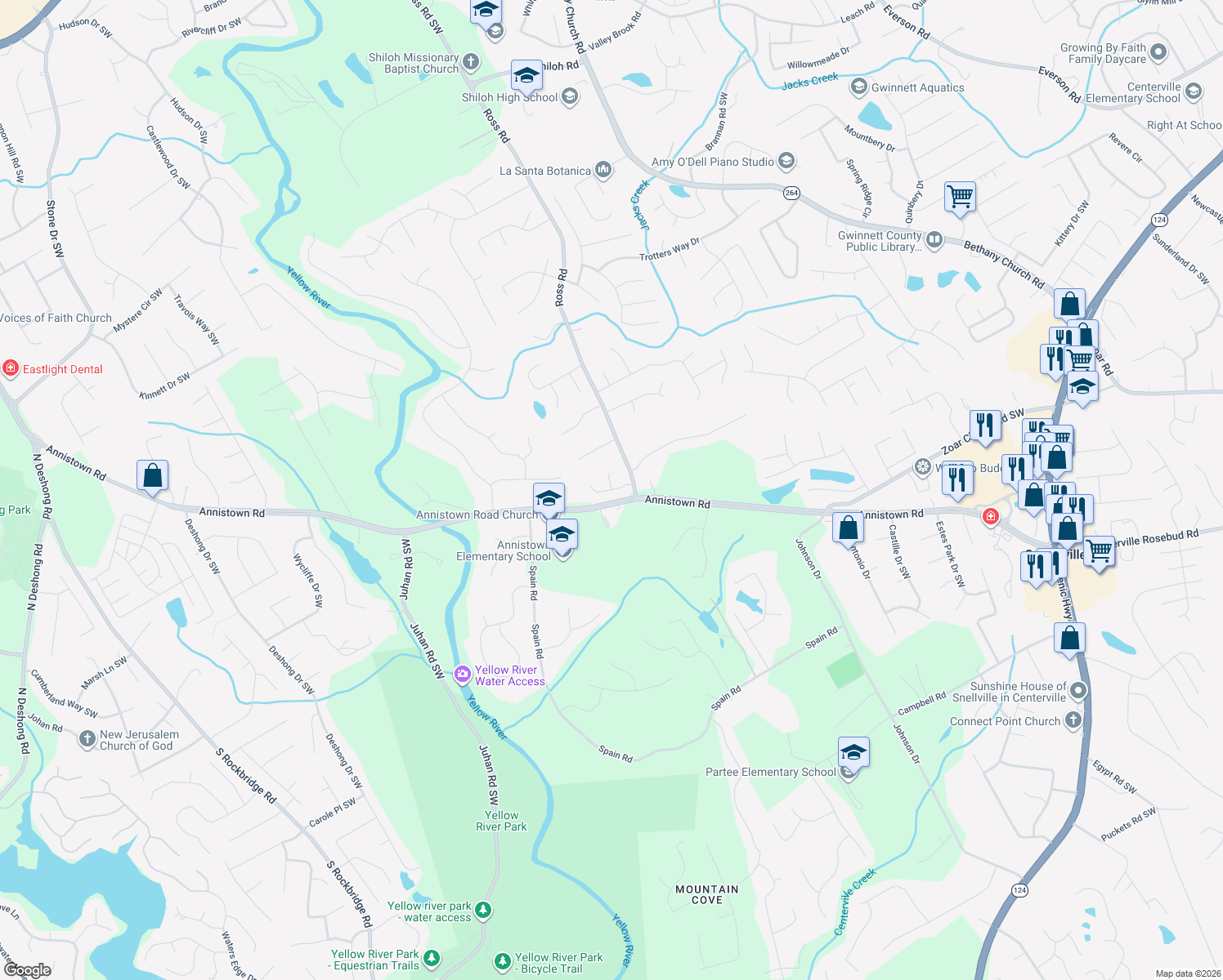 map of restaurants, bars, coffee shops, grocery stores, and more near 4472 Madison Run Place in Snellville