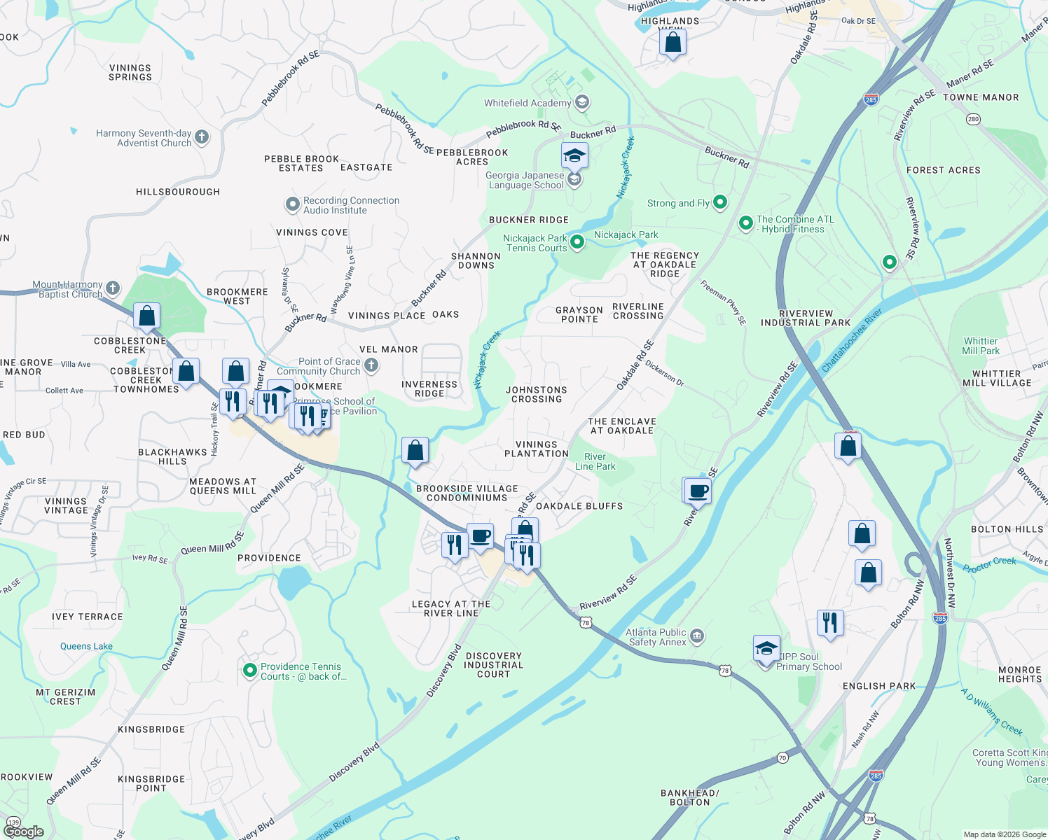 map of restaurants, bars, coffee shops, grocery stores, and more near 6010 Farmwood Way SE in Mableton