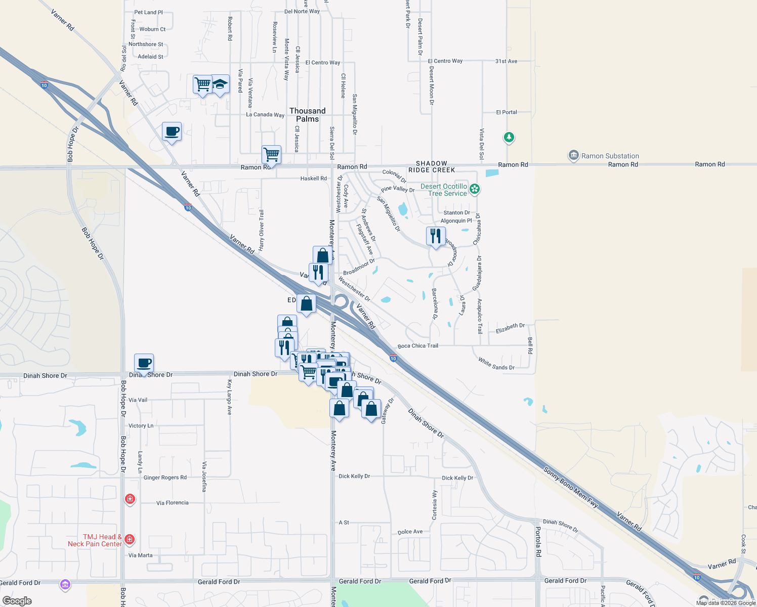 map of restaurants, bars, coffee shops, grocery stores, and more near 33460 Westchester Drive in Thousand Palms
