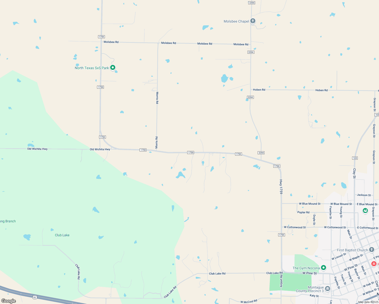 map of restaurants, bars, coffee shops, grocery stores, and more near 2861 Farm to Market Road 1759 in Nocona