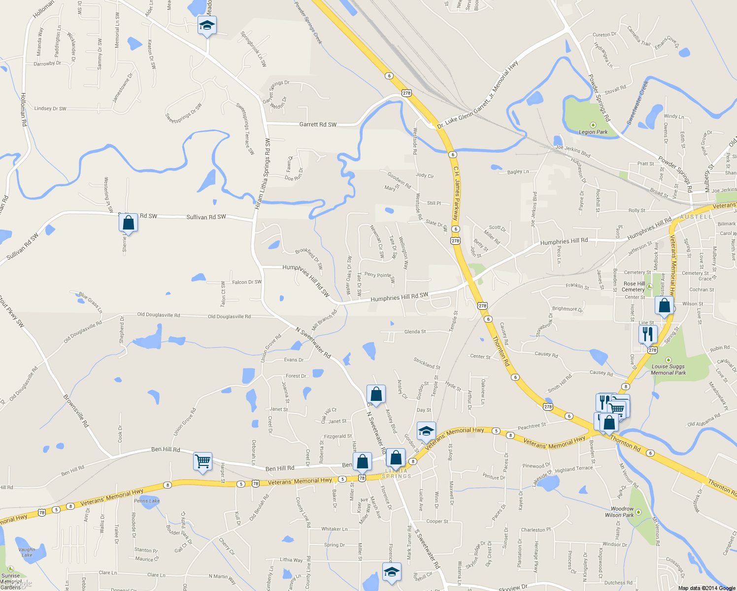 map of restaurants, bars, coffee shops, grocery stores, and more near 3705 Tate Place Southwest in Austell