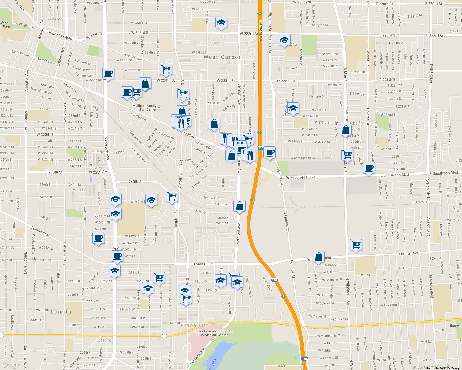map of restaurants, bars, coffee shops, grocery stores, and more near 24014 Fernmead Lane in West Carson