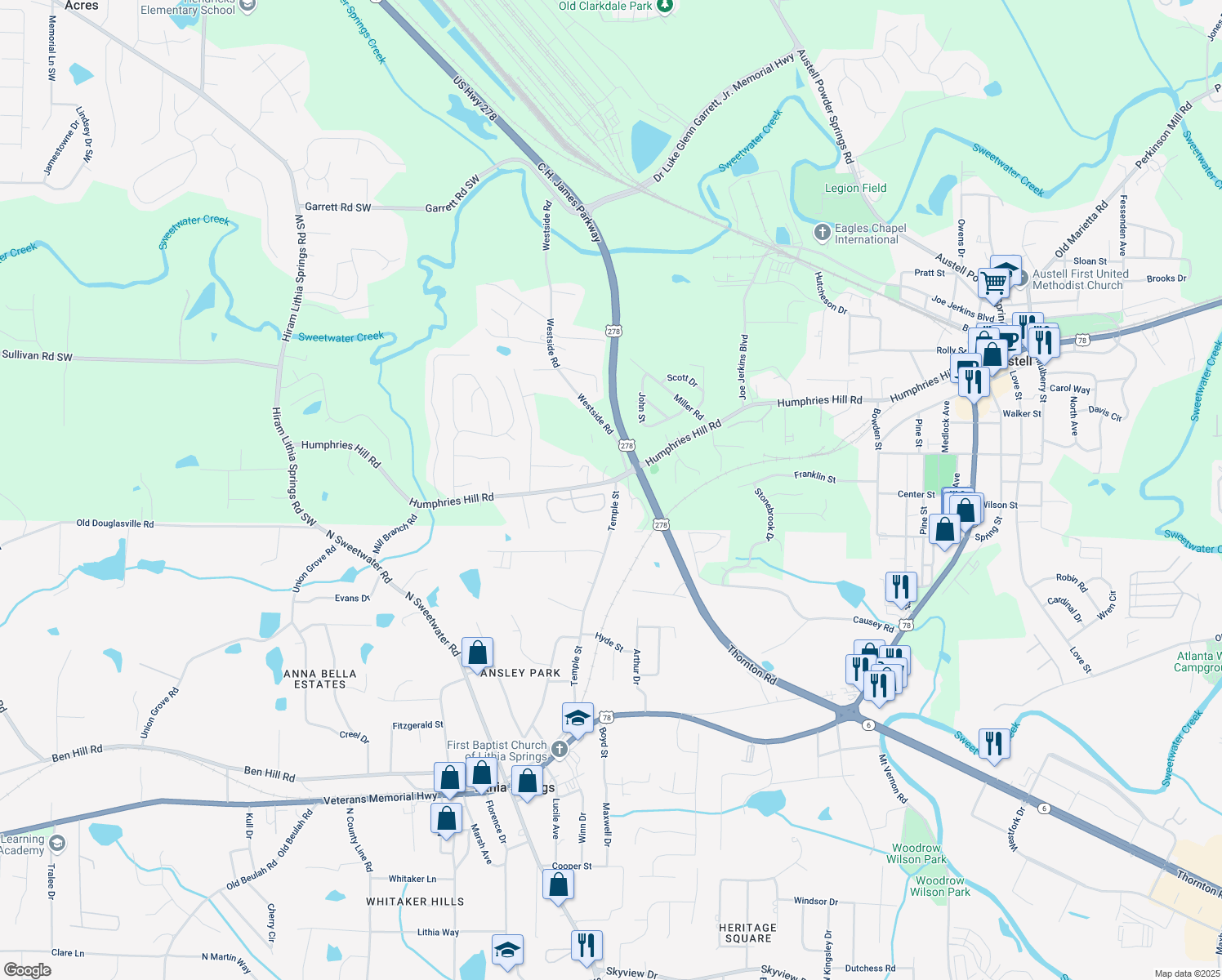 map of restaurants, bars, coffee shops, grocery stores, and more near 2150 Bonny Glen Circle in Austell