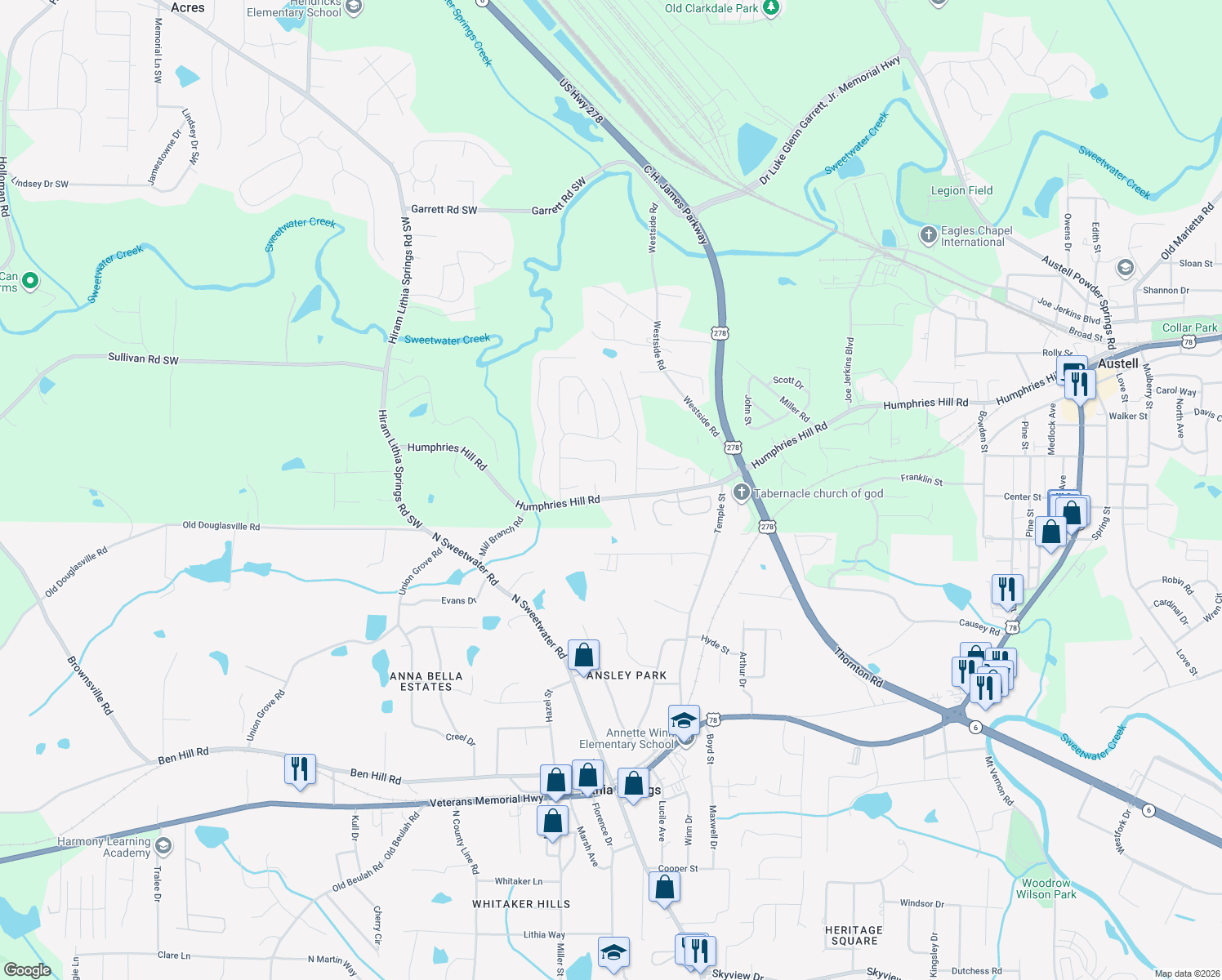 map of restaurants, bars, coffee shops, grocery stores, and more near 3658 Humphries Hill Road in Austell