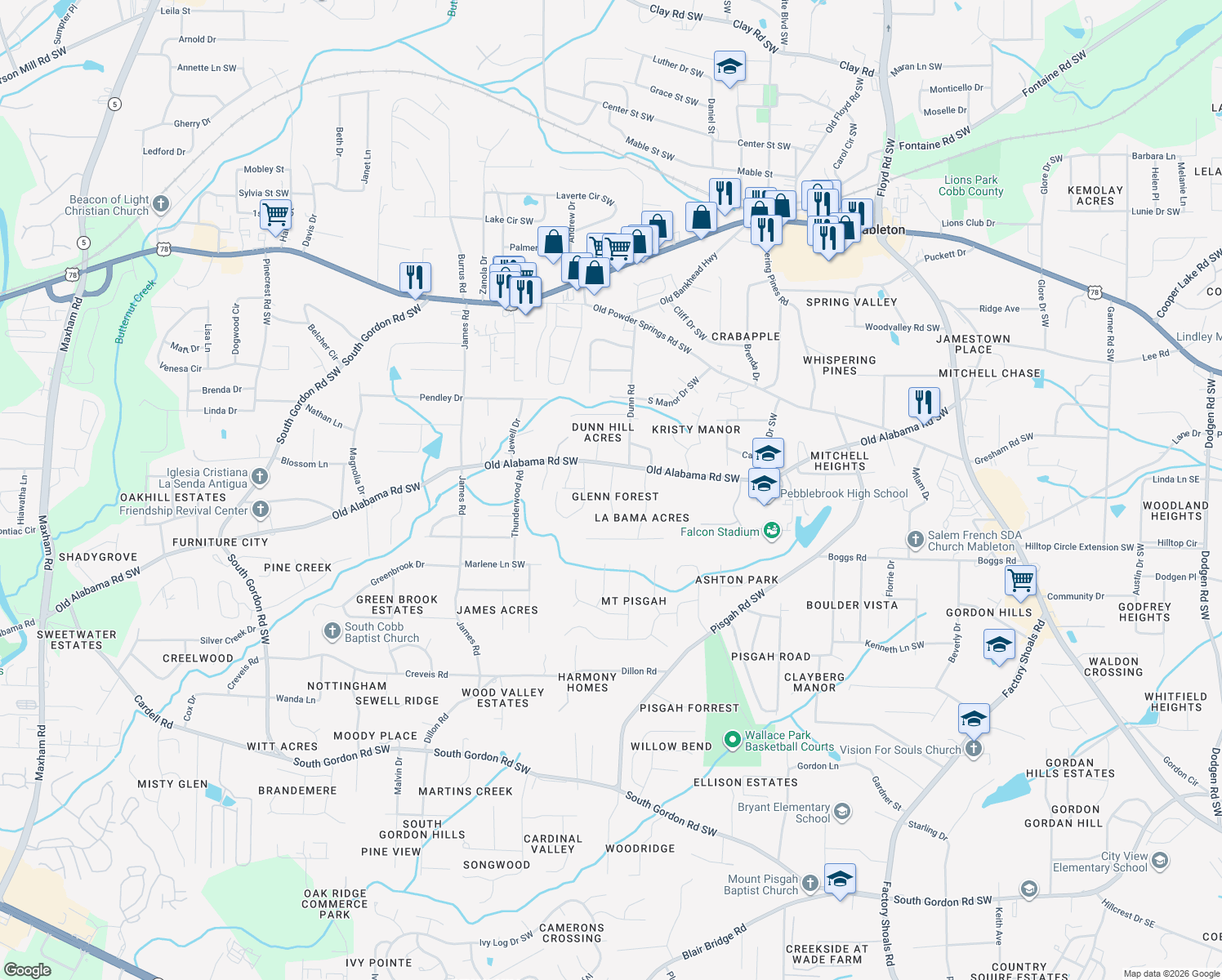map of restaurants, bars, coffee shops, grocery stores, and more near 6151 S Glenn Forest SW in Mableton