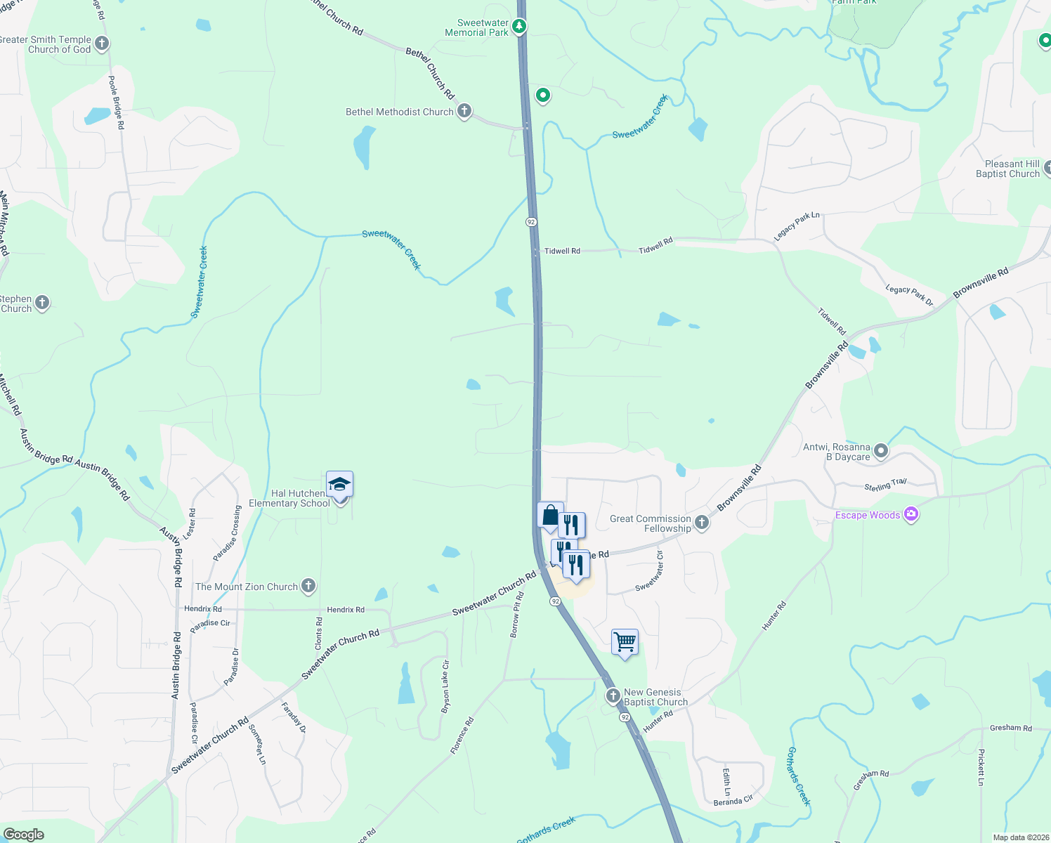 map of restaurants, bars, coffee shops, grocery stores, and more near 456 Enclave Drive in Powder Springs