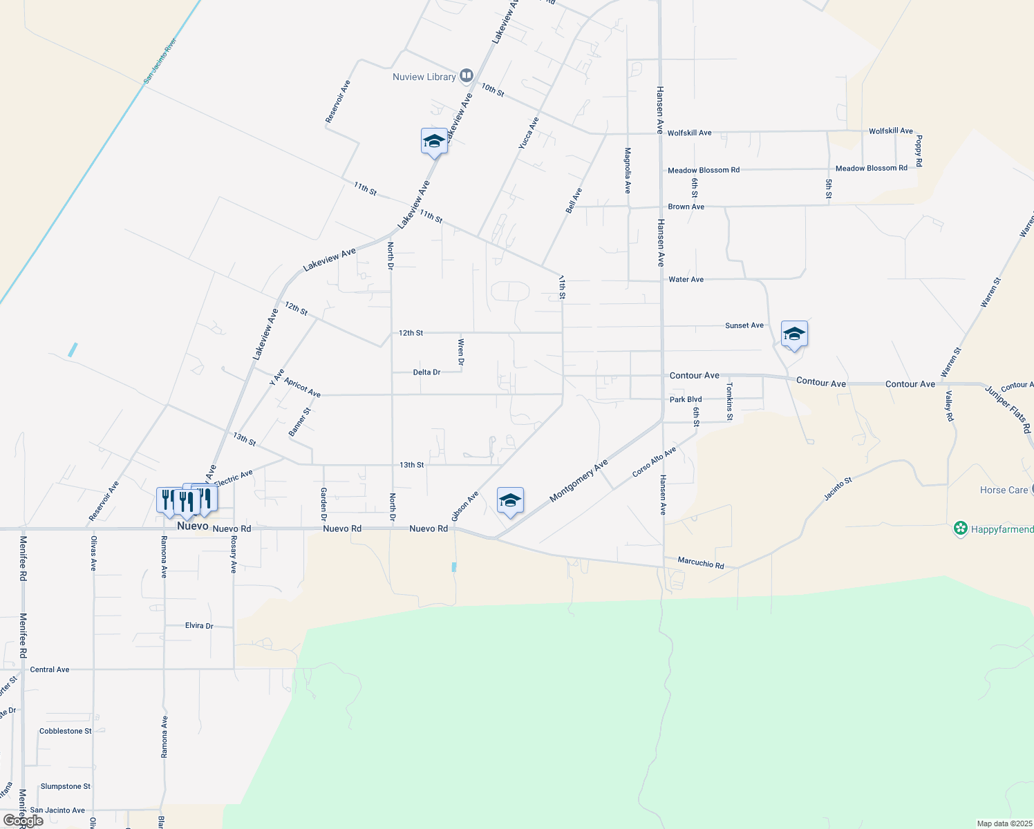 map of restaurants, bars, coffee shops, grocery stores, and more near 30801 Apricot Avenue in Nuevo