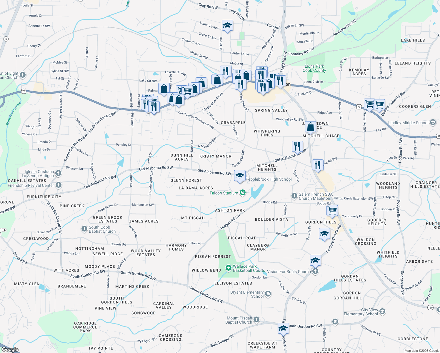 map of restaurants, bars, coffee shops, grocery stores, and more near 1059 Old Alabama Road Southwest in Mableton