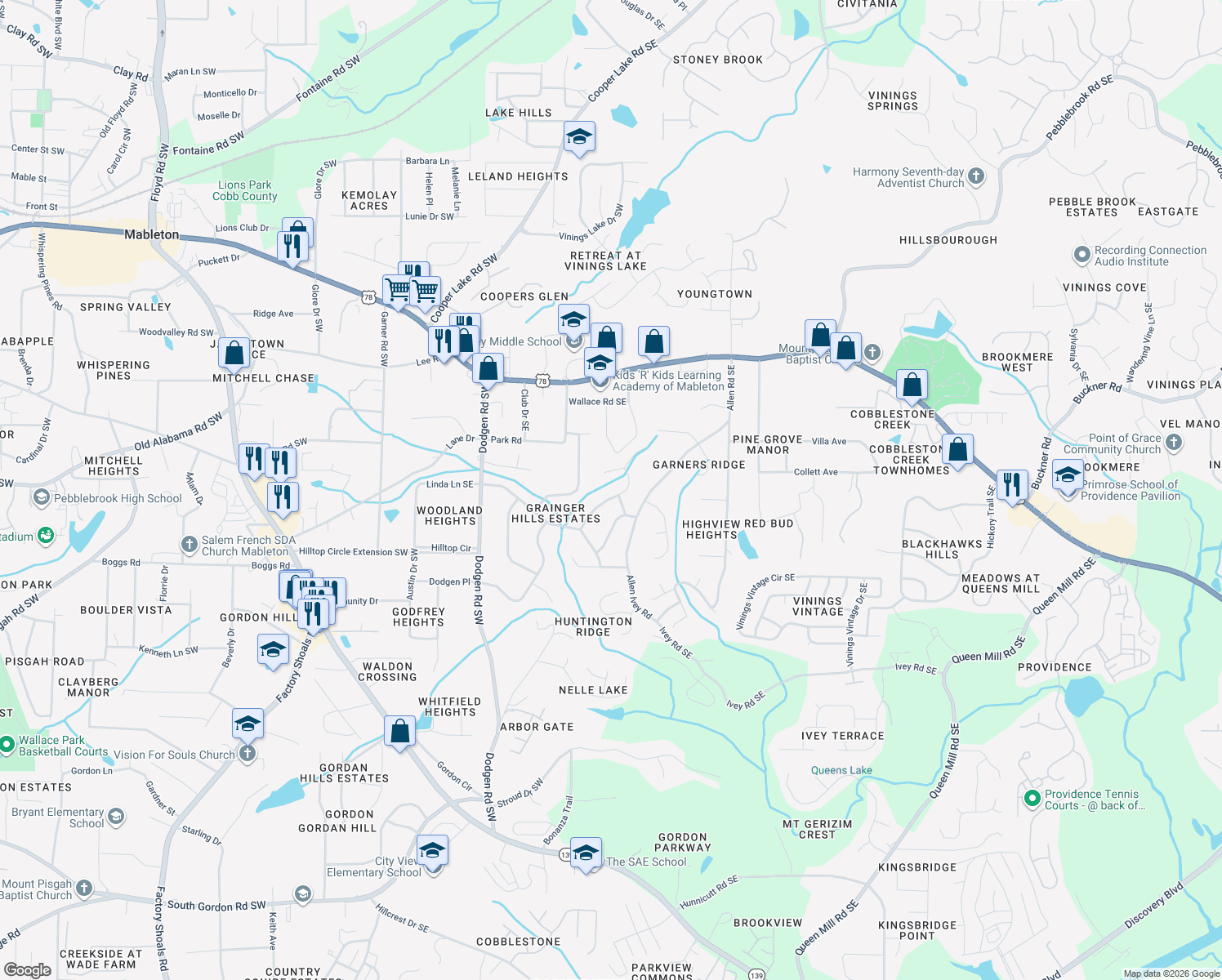 map of restaurants, bars, coffee shops, grocery stores, and more near 6012 Ridge Dr SE in Mableton