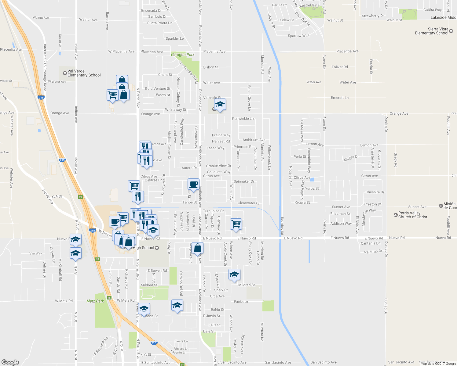 map of restaurants, bars, coffee shops, grocery stores, and more near 1955 Sierra Espadan Road in Perris