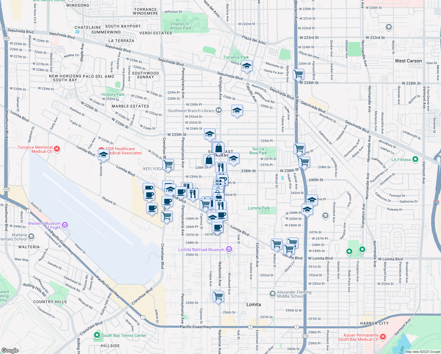 map of restaurants, bars, coffee shops, grocery stores, and more near West 239th Street in Torrance