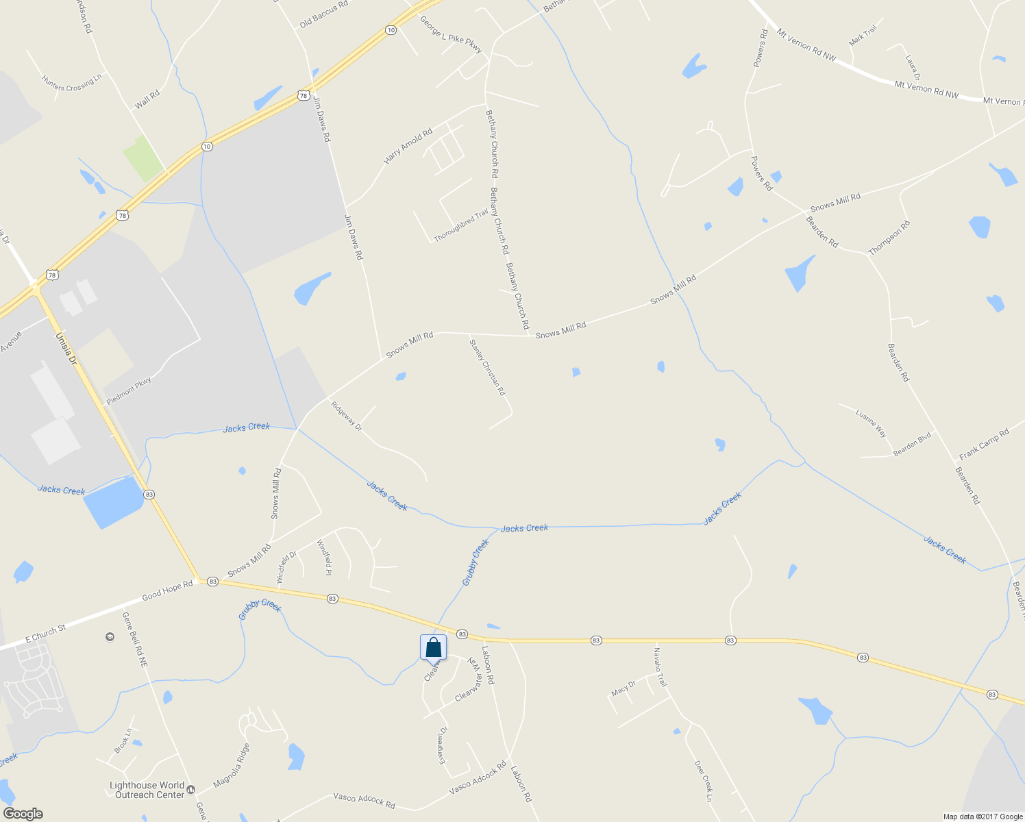 map of restaurants, bars, coffee shops, grocery stores, and more near 2044 Stanley Christian Road in Monroe