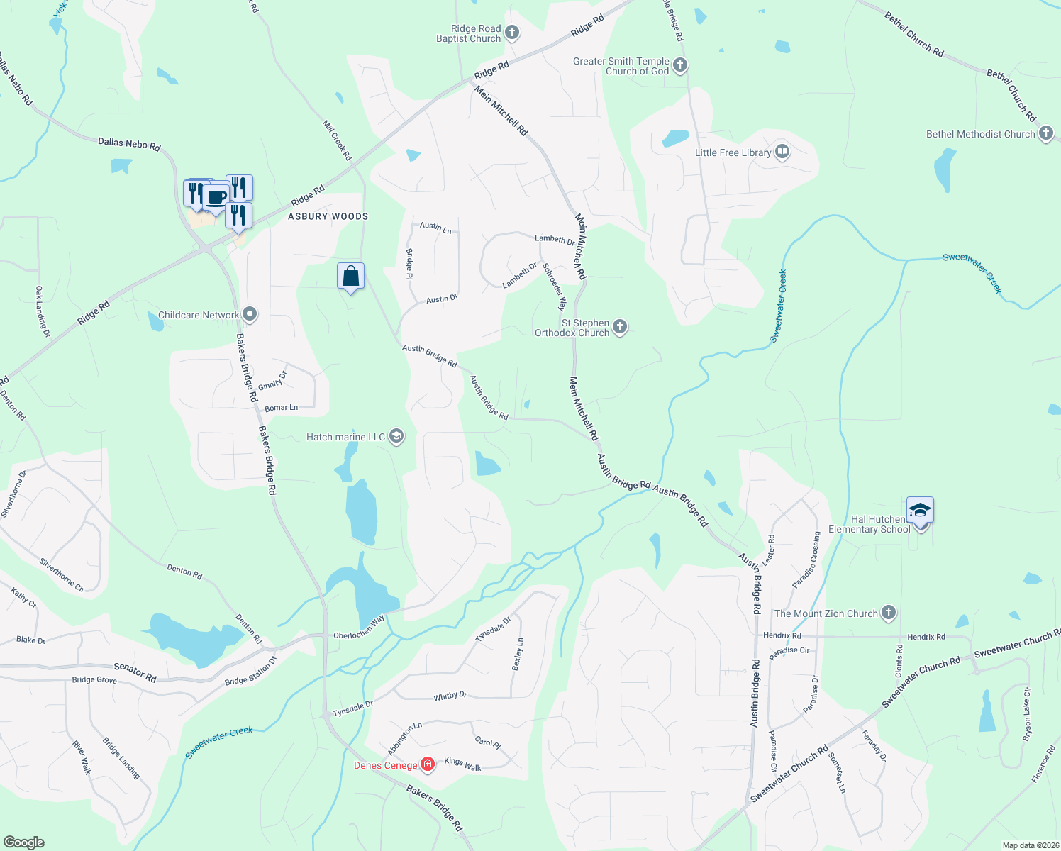 map of restaurants, bars, coffee shops, grocery stores, and more near 89 Oakfield Way in Douglasville
