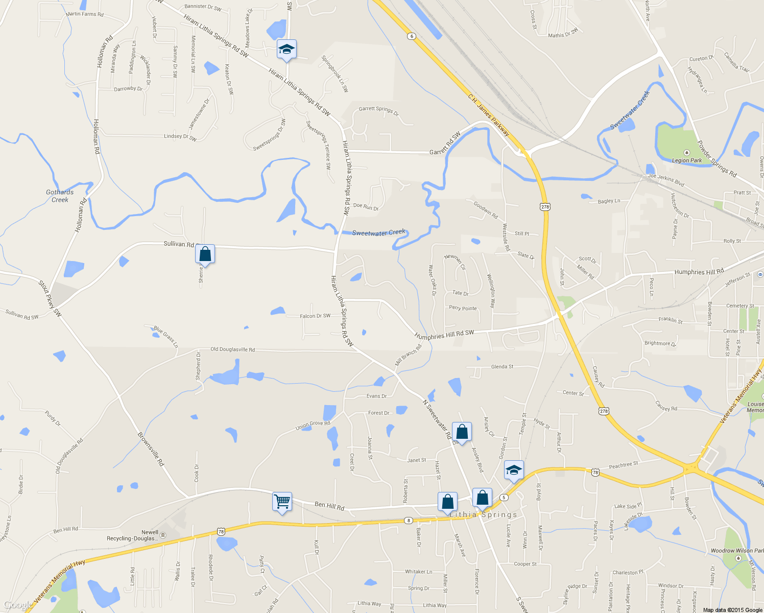 map of restaurants, bars, coffee shops, grocery stores, and more near 6001 Windchase Court Southwest in Austell