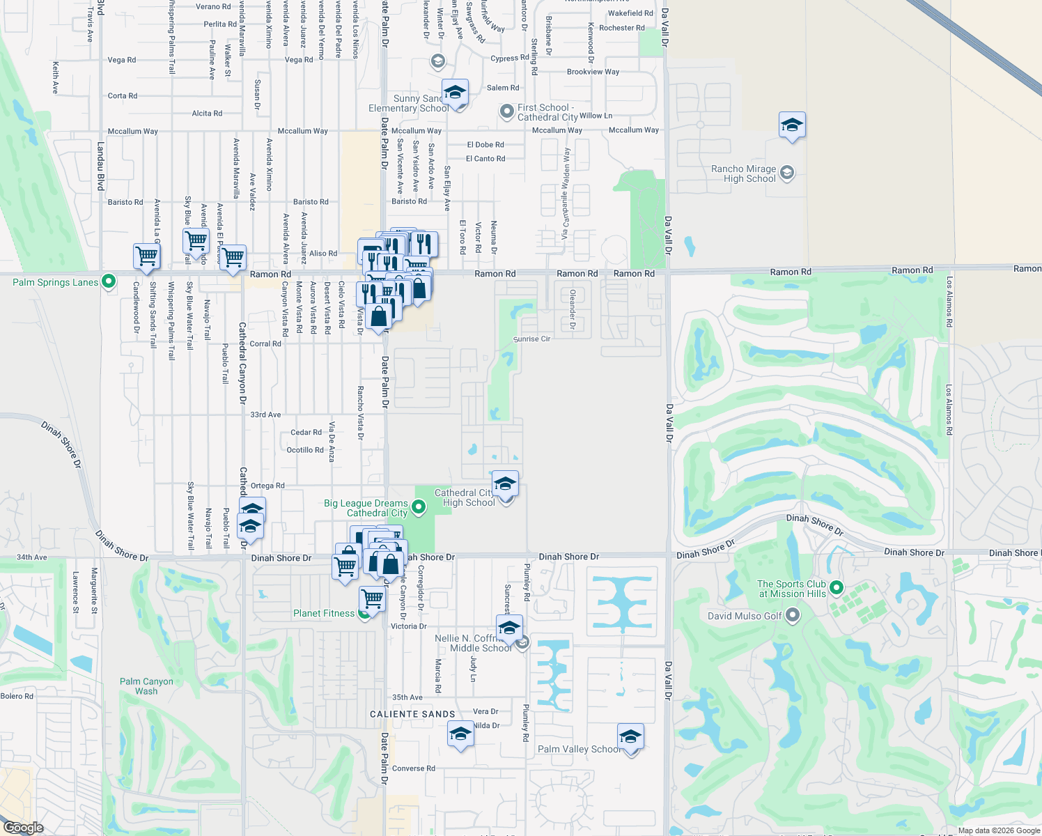 map of restaurants, bars, coffee shops, grocery stores, and more near Golf Course Circle in Cathedral City