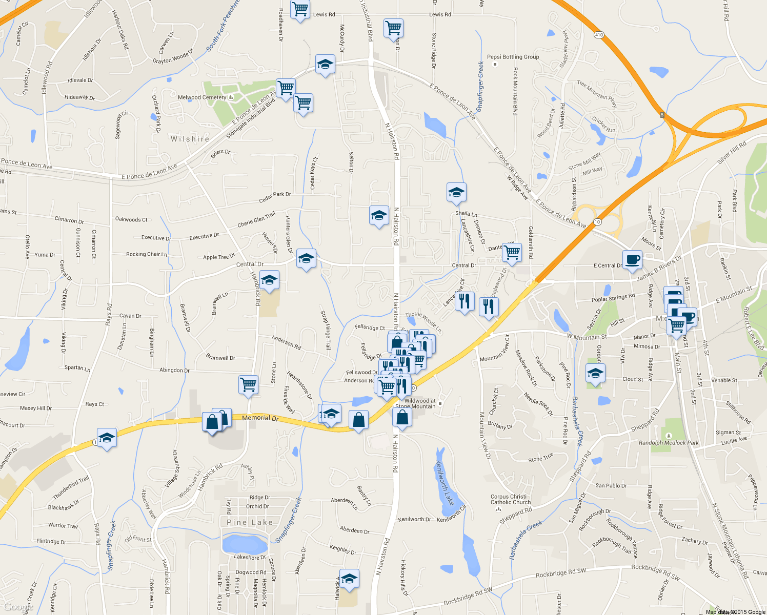 map of restaurants, bars, coffee shops, grocery stores, and more near 1018 Mariners Court in Stone Mountain