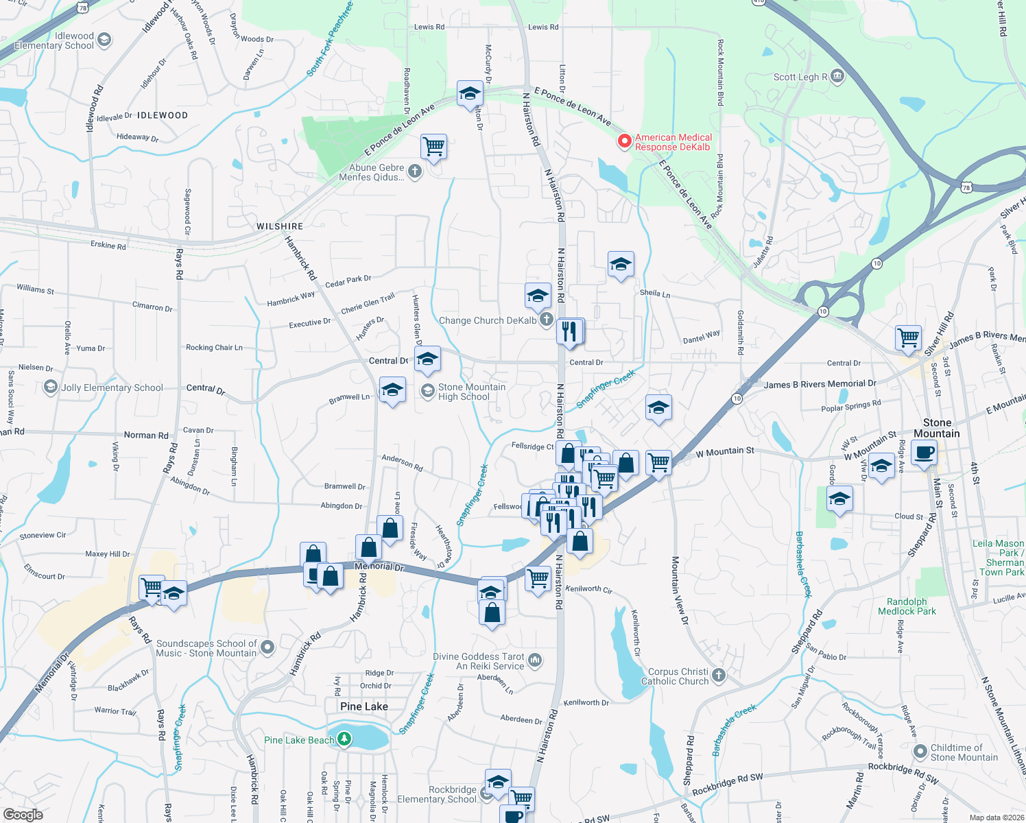 map of restaurants, bars, coffee shops, grocery stores, and more near 992 Park Gate Pl in Stone Mountain