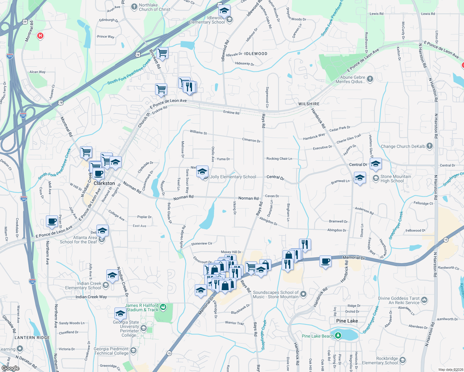 map of restaurants, bars, coffee shops, grocery stores, and more near 1042 Viking Drive in Stone Mountain