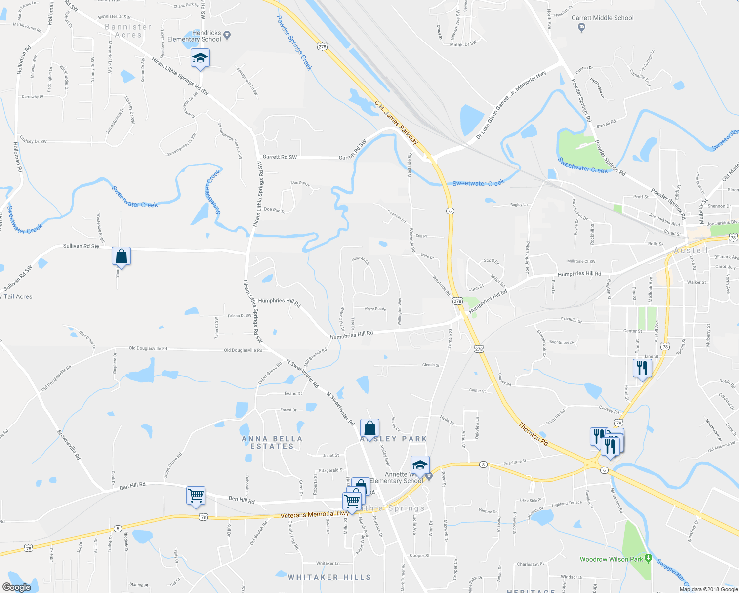 map of restaurants, bars, coffee shops, grocery stores, and more near 5975 Tate Drive in Austell