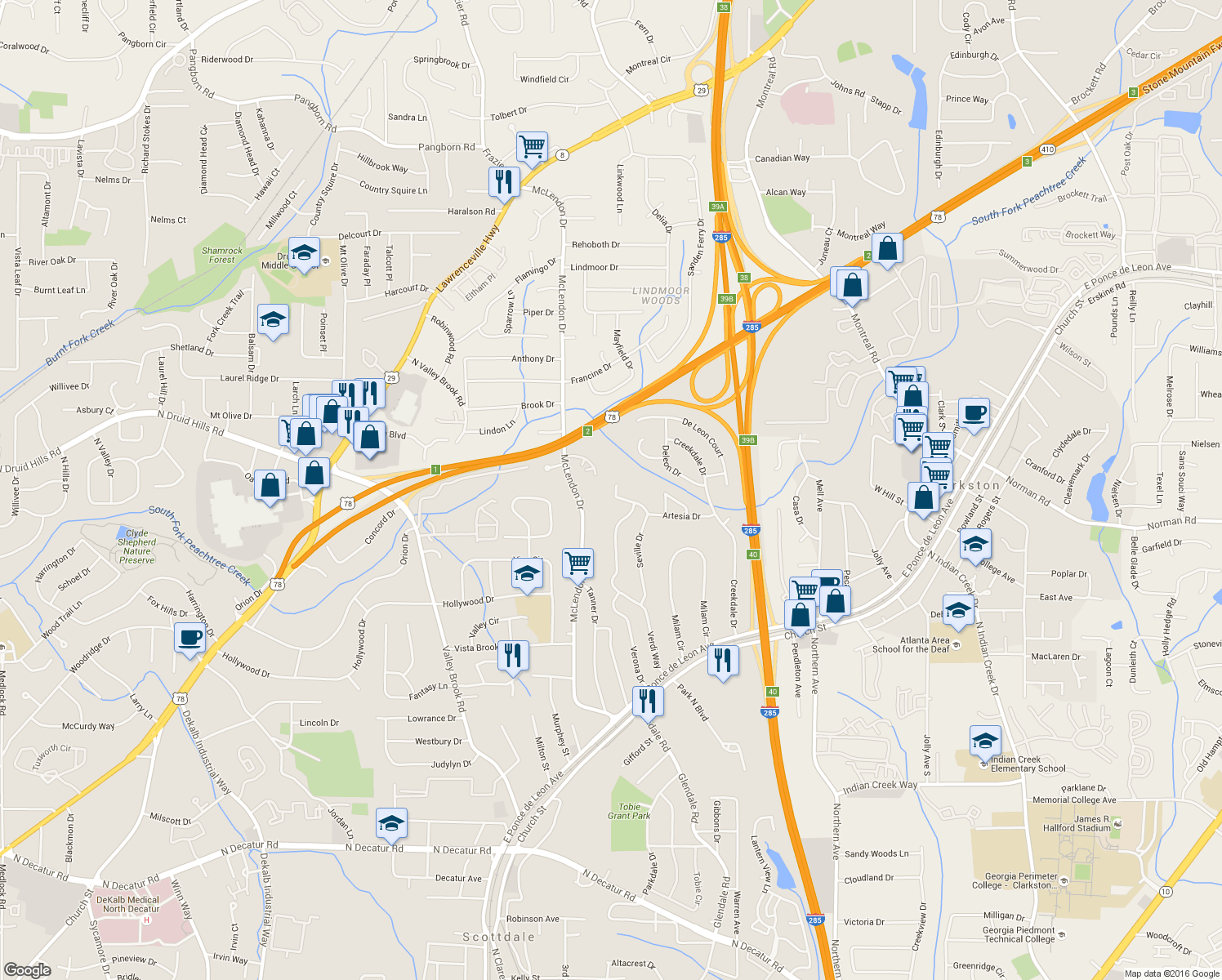 map of restaurants, bars, coffee shops, grocery stores, and more near 1094 Seville Drive in Clarkston