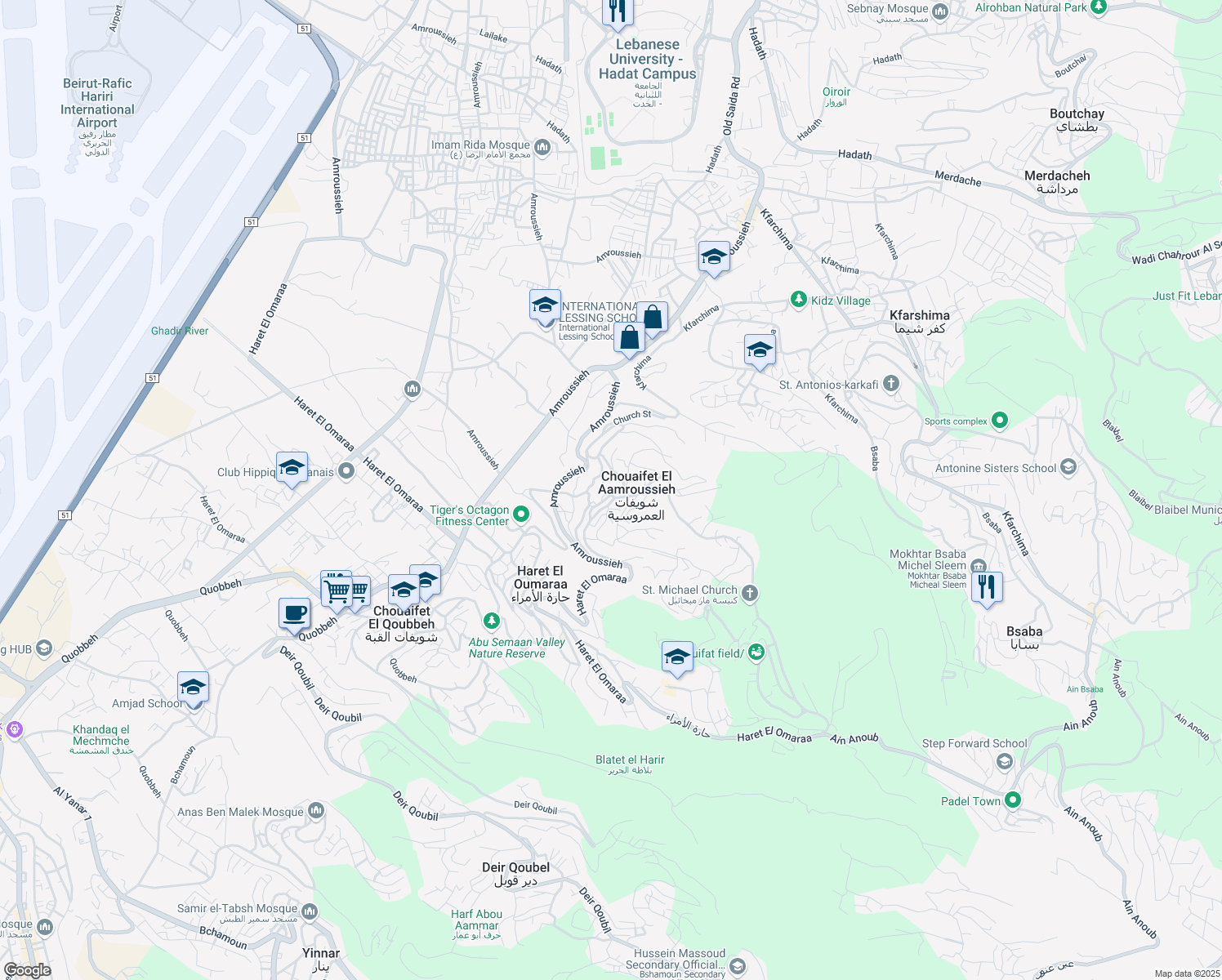 map of restaurants, bars, coffee shops, grocery stores, and more near Amroussieh in Aalay
