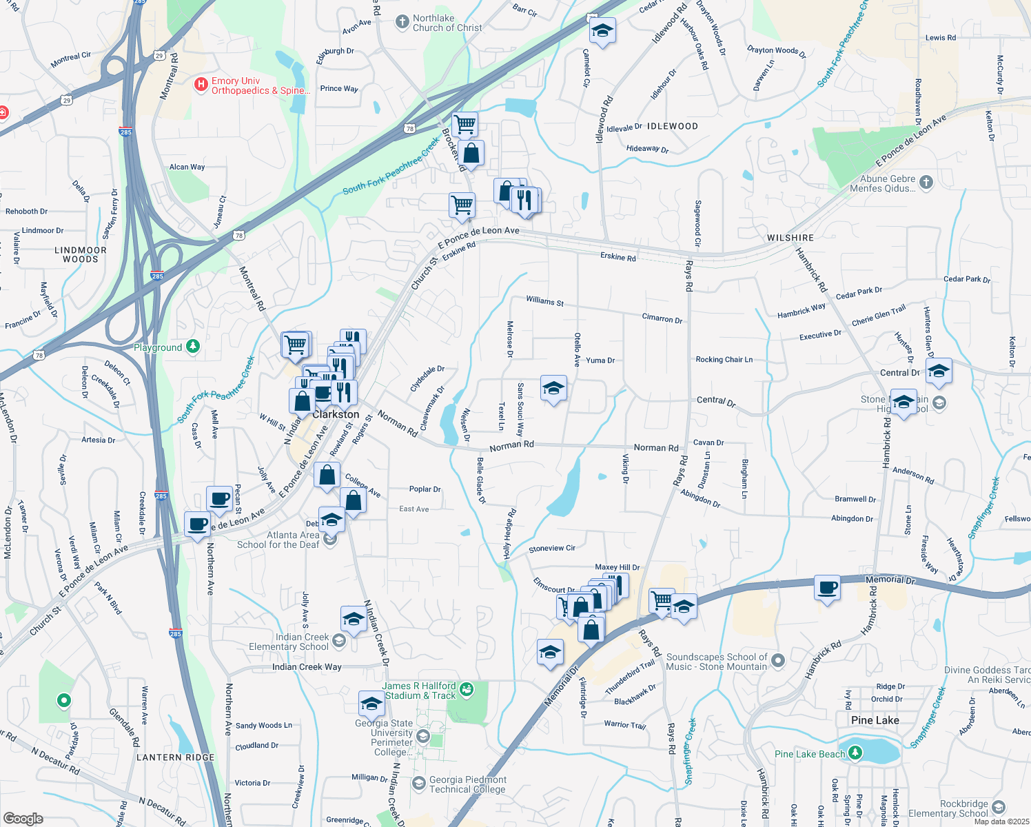 map of restaurants, bars, coffee shops, grocery stores, and more near 1046 Sans Souci Way in Clarkston