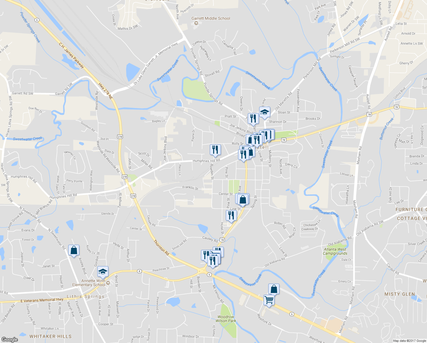 map of restaurants, bars, coffee shops, grocery stores, and more near 2978 Jefferson Street in Austell