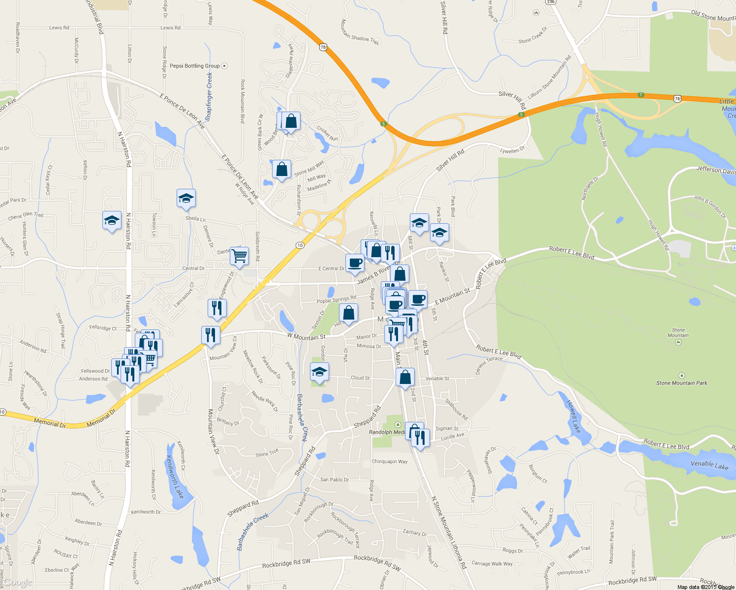 map of restaurants, bars, coffee shops, grocery stores, and more near 5290 Poplar Springs Rd in Stone Mountain