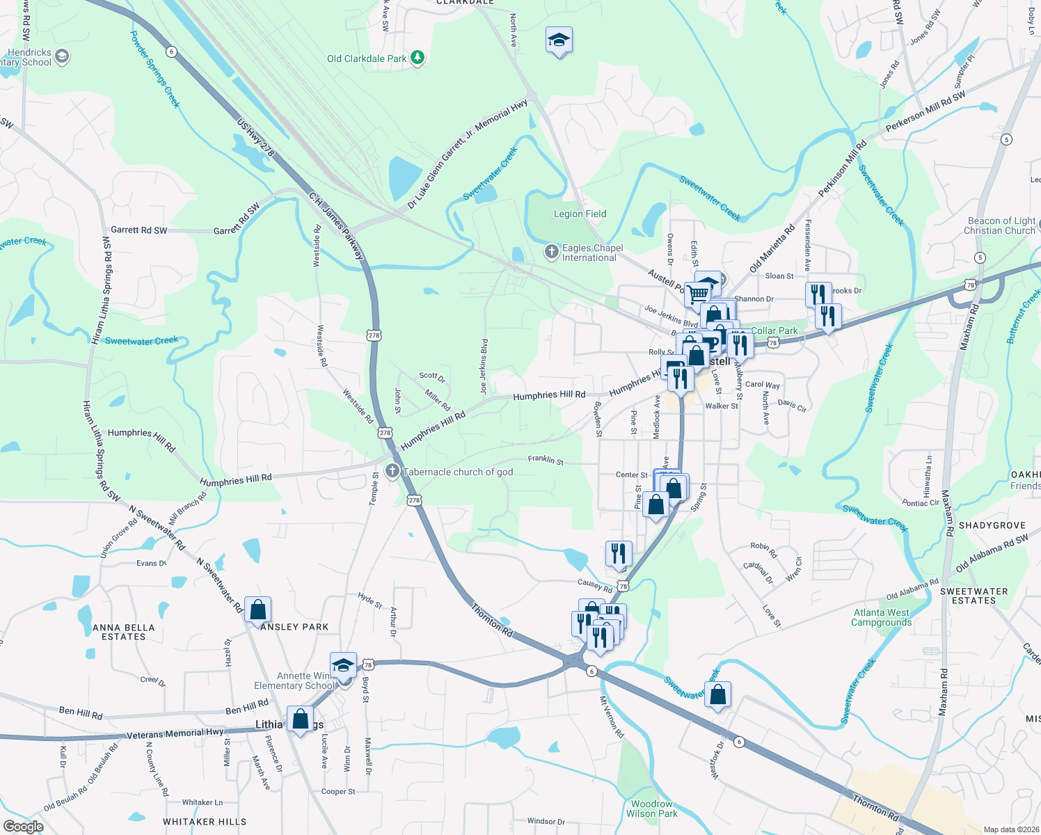 map of restaurants, bars, coffee shops, grocery stores, and more near 5943 Peco Lane in Austell