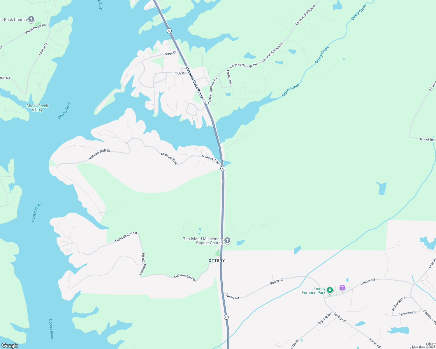 map of restaurants, bars, coffee shops, grocery stores, and more near 15 Mohawk Trail in Ohatchee