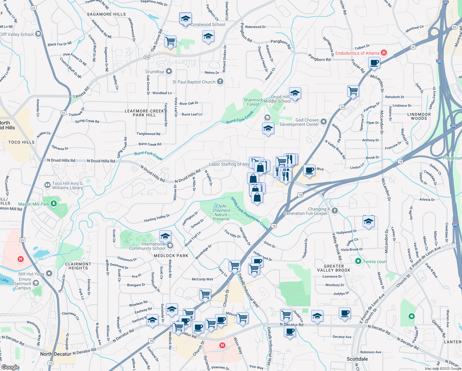 map of restaurants, bars, coffee shops, grocery stores, and more near 1012 Latham Road in Decatur