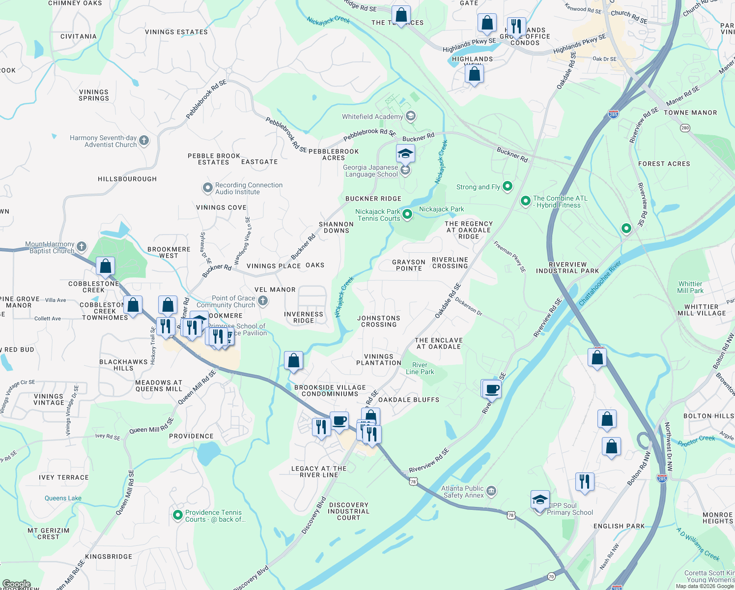 map of restaurants, bars, coffee shops, grocery stores, and more near 5856 Brookside Dr SE in Mableton