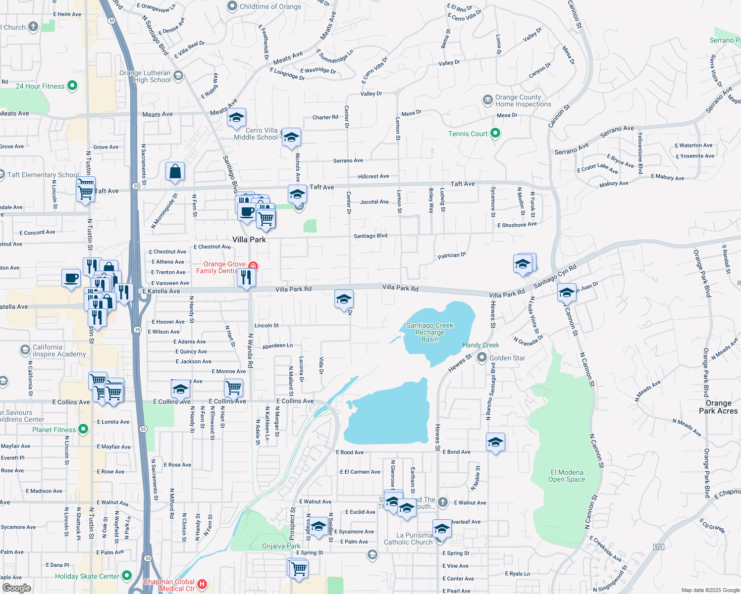 map of restaurants, bars, coffee shops, grocery stores, and more near 10452 Wulff Drive in Villa Park