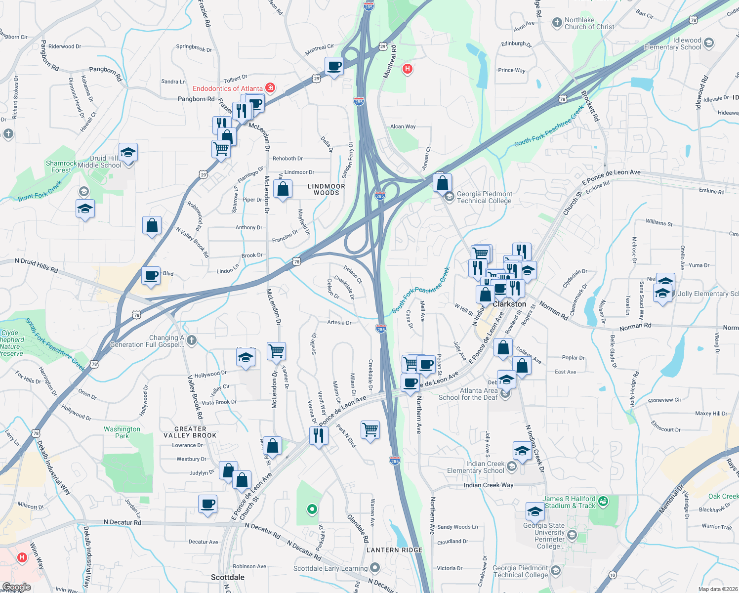 map of restaurants, bars, coffee shops, grocery stores, and more near 1079 De Leon Ct in Clarkston