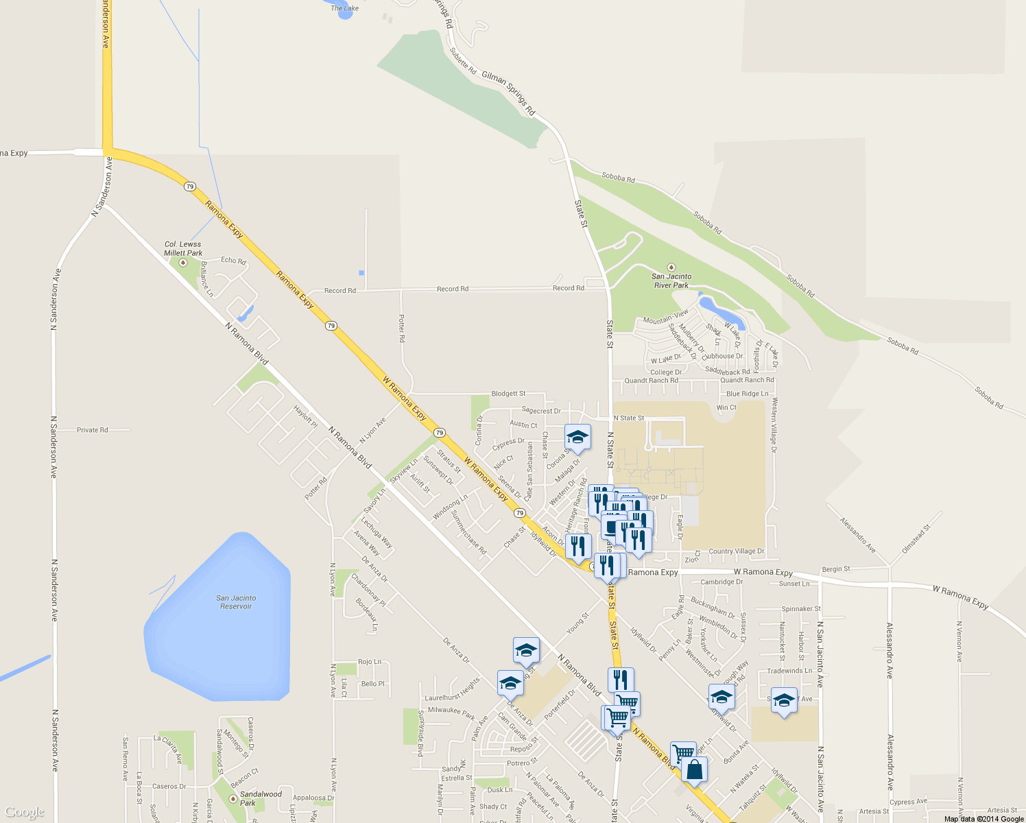 map of restaurants, bars, coffee shops, grocery stores, and more near 998 Sagecrest Drive in San Jacinto