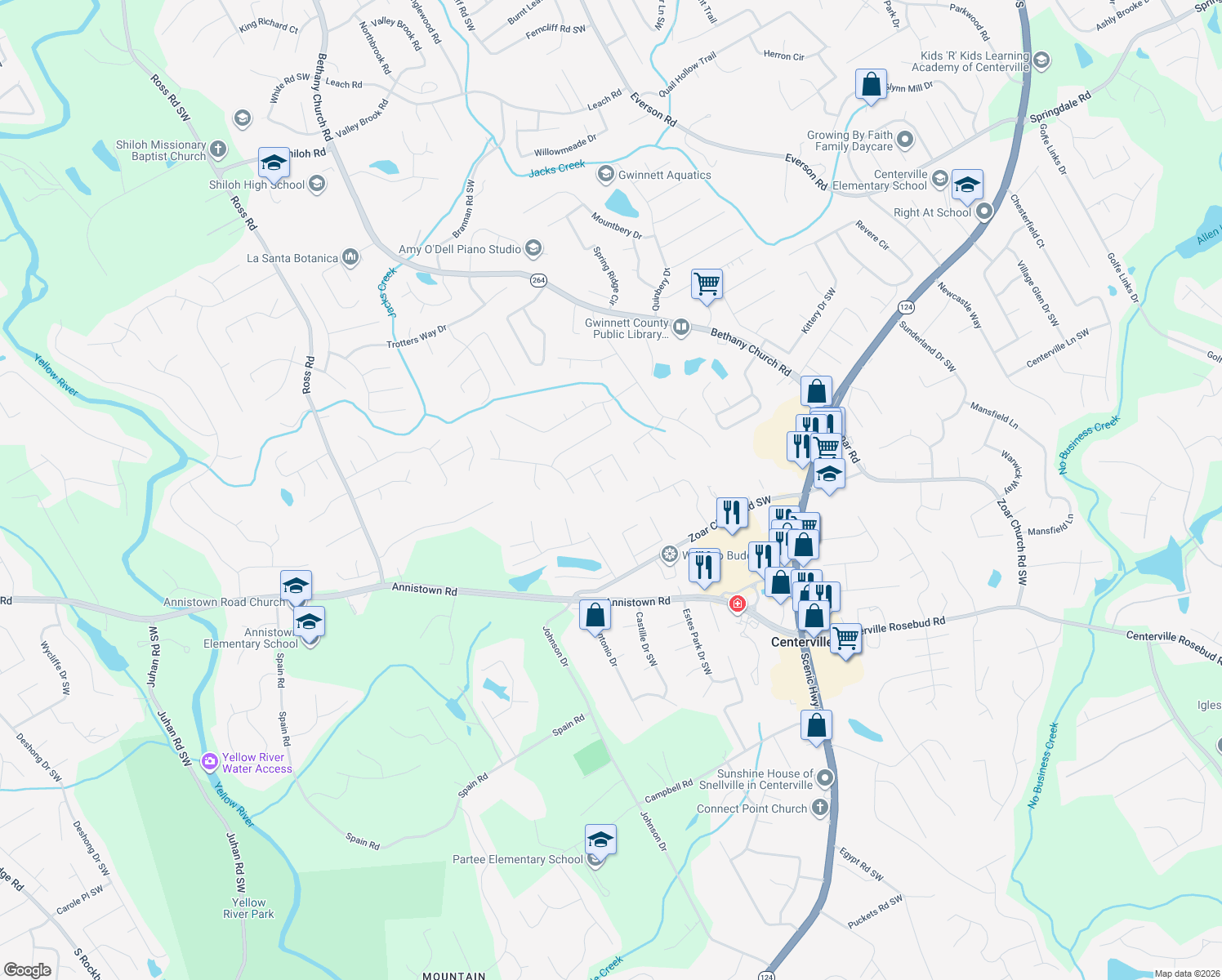 map of restaurants, bars, coffee shops, grocery stores, and more near 3176 Taffy Lane in Snellville