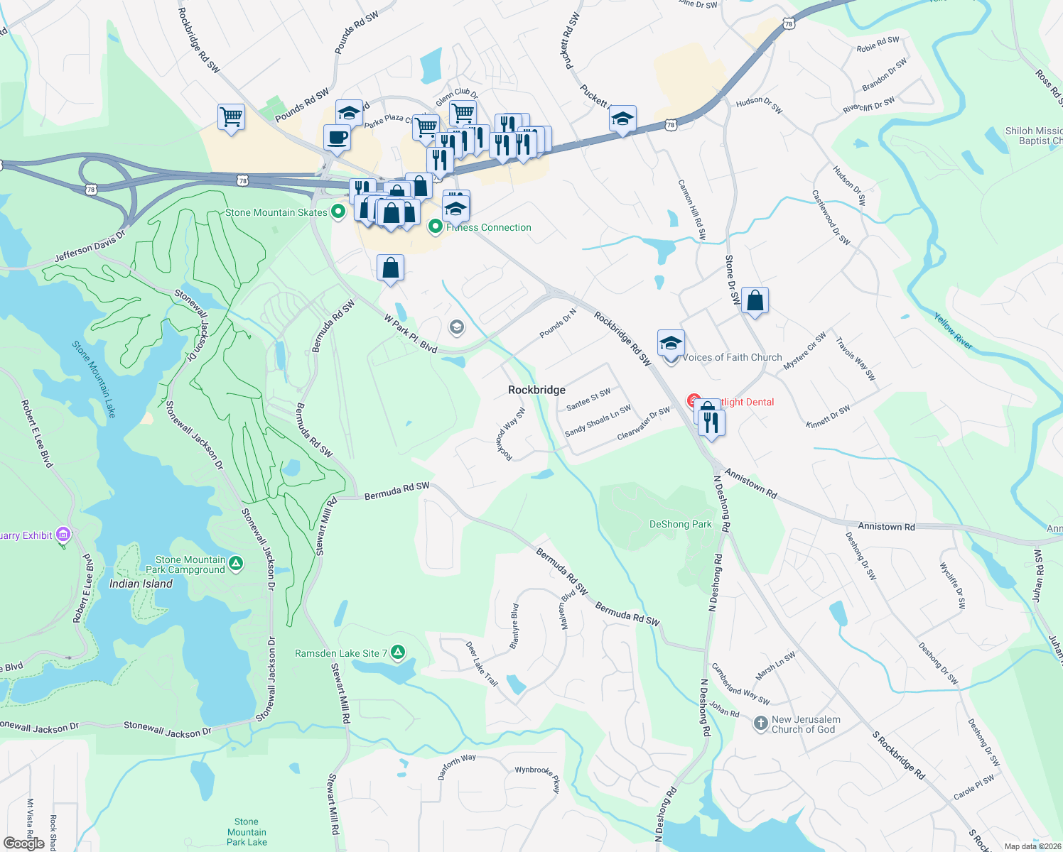 map of restaurants, bars, coffee shops, grocery stores, and more near 2439 Big Creek Terrace Southwest in Stone Mountain