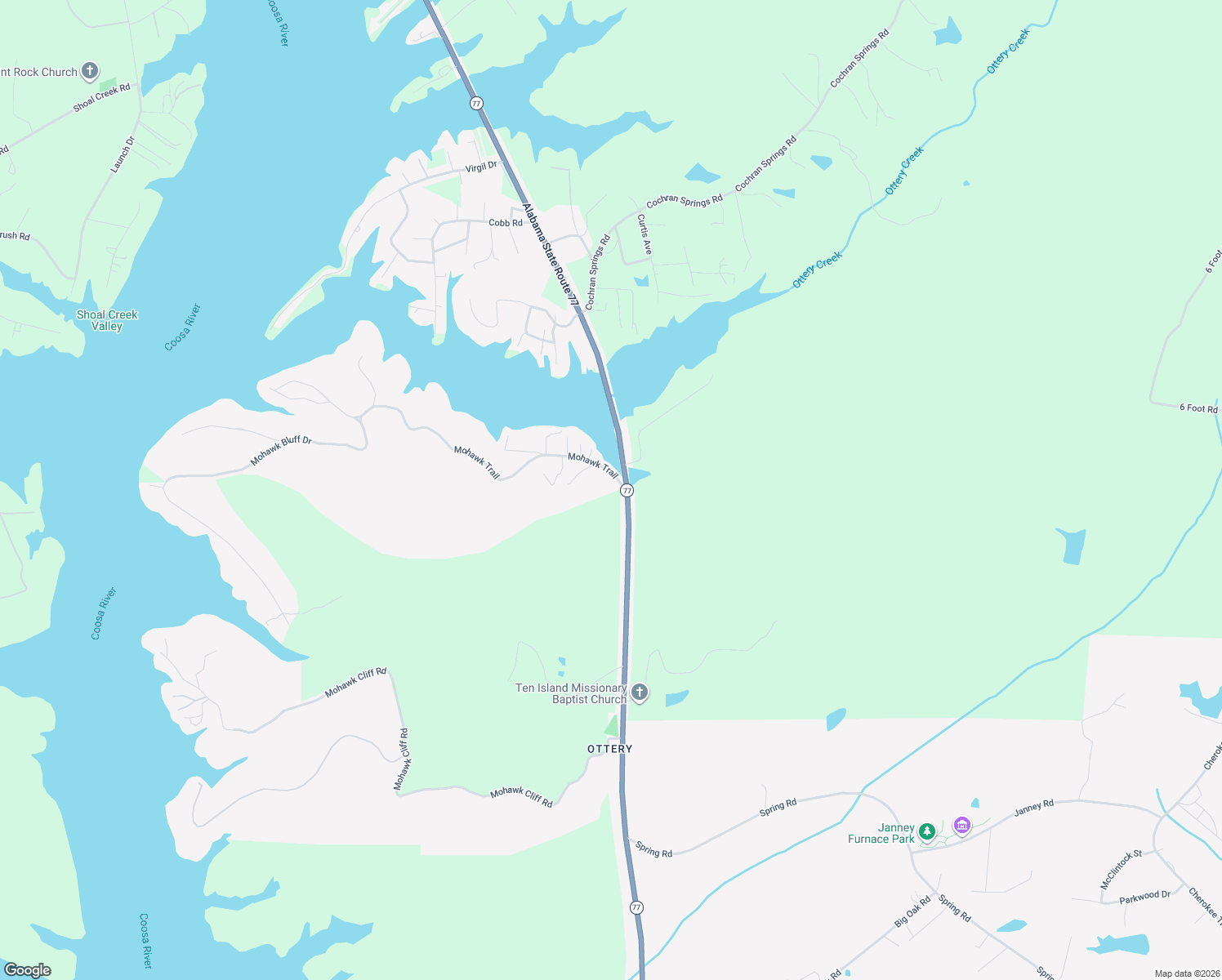 map of restaurants, bars, coffee shops, grocery stores, and more near 15 Mohawk Trail in Ohatchee