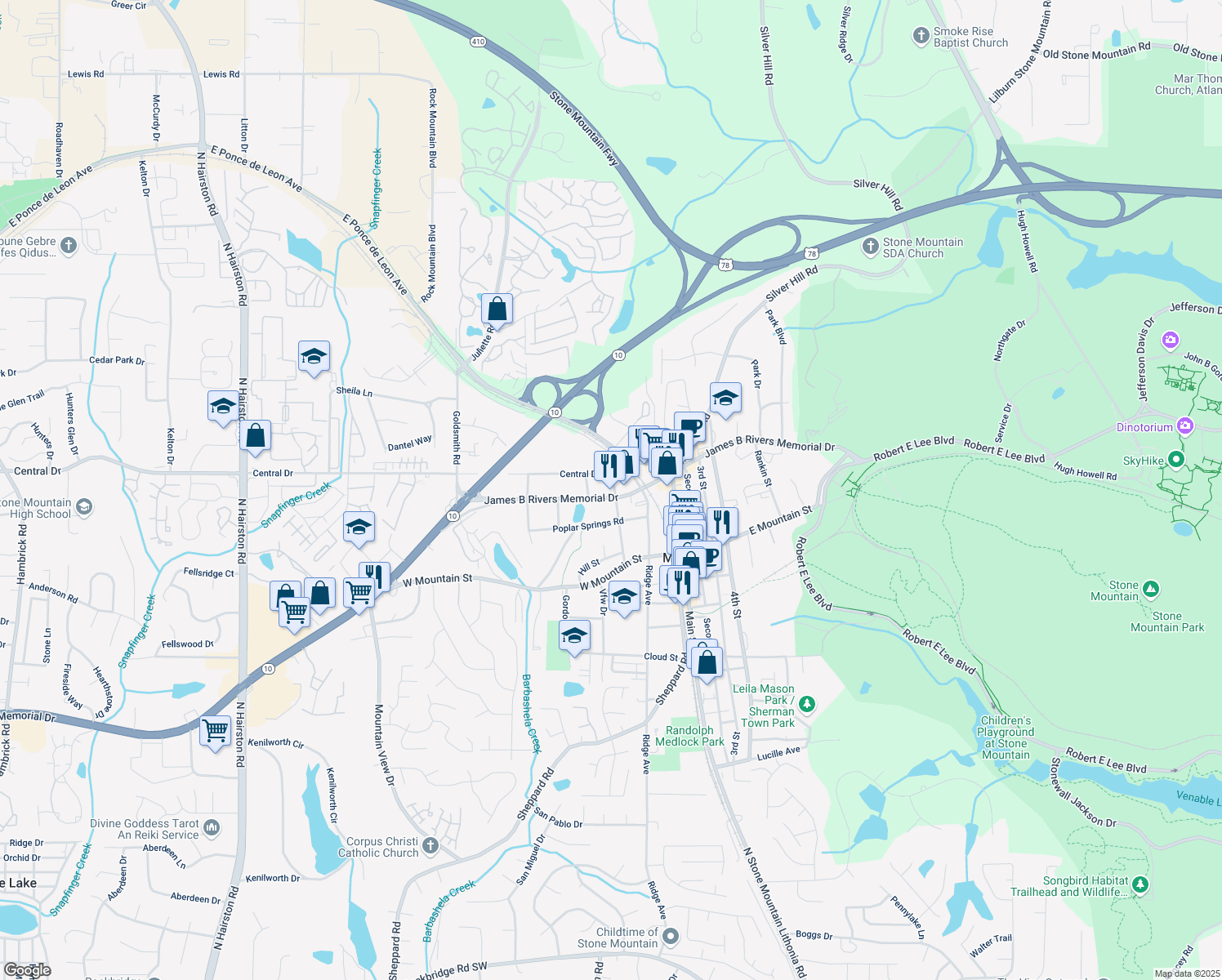 map of restaurants, bars, coffee shops, grocery stores, and more near 1090 Forrest Avenue in Stone Mountain