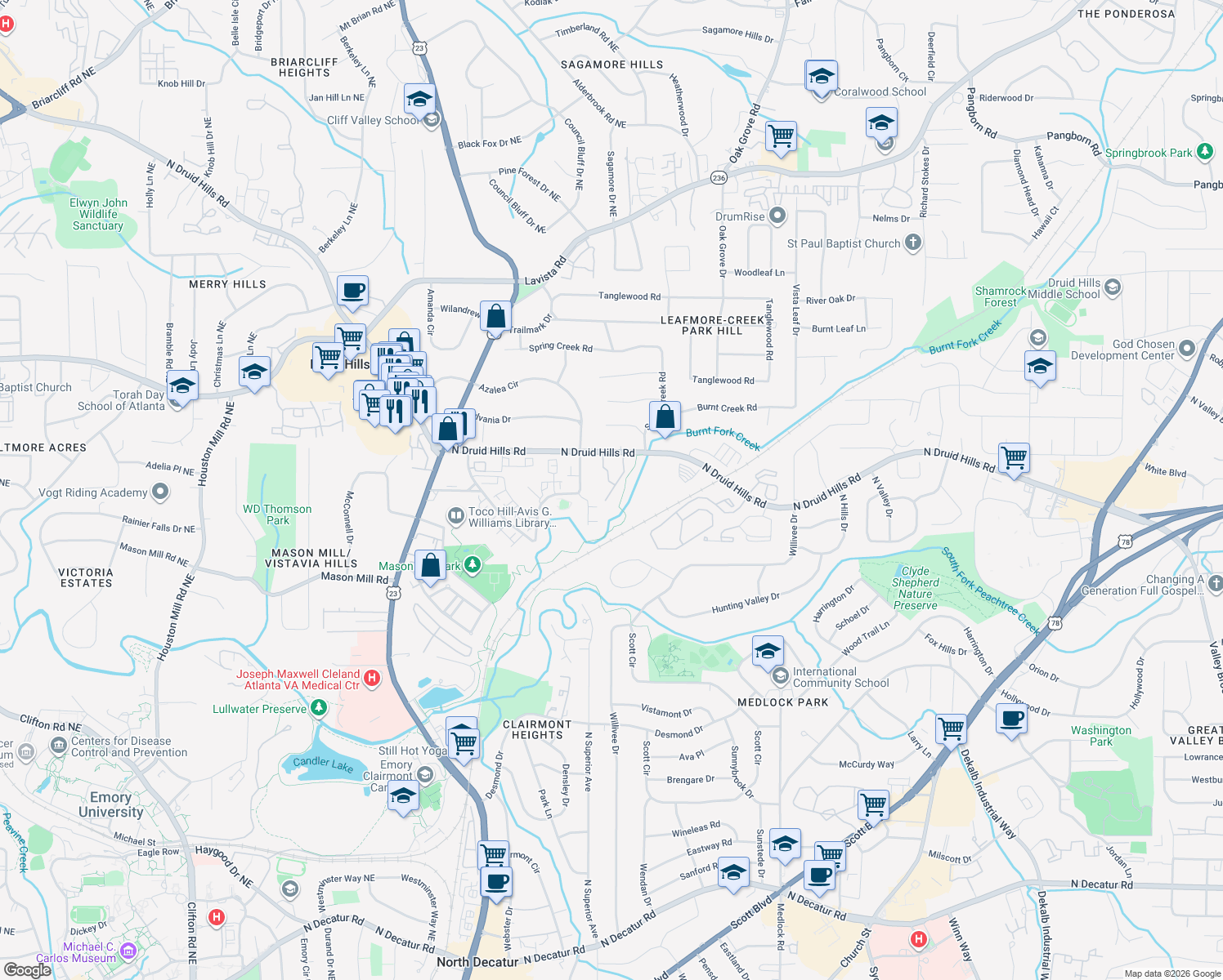 map of restaurants, bars, coffee shops, grocery stores, and more near 1131 Kingstown Ct in Decatur