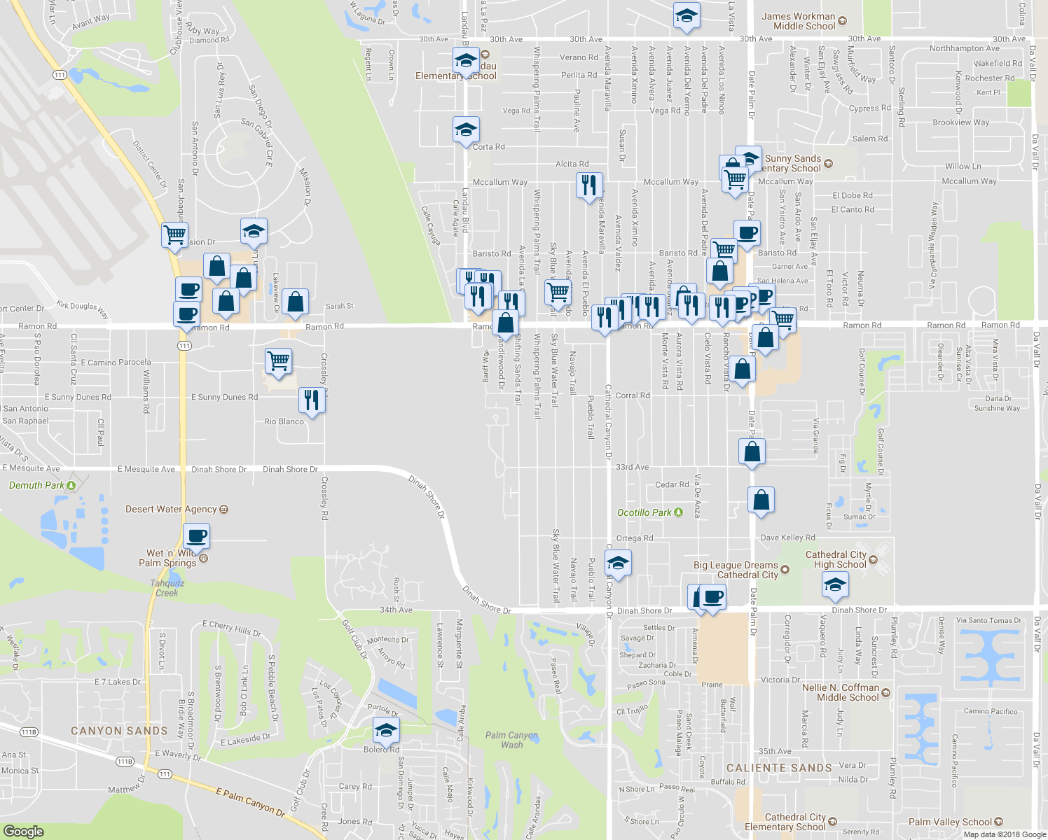 map of restaurants, bars, coffee shops, grocery stores, and more near 32660 Shifting Sands Trail in Cathedral City