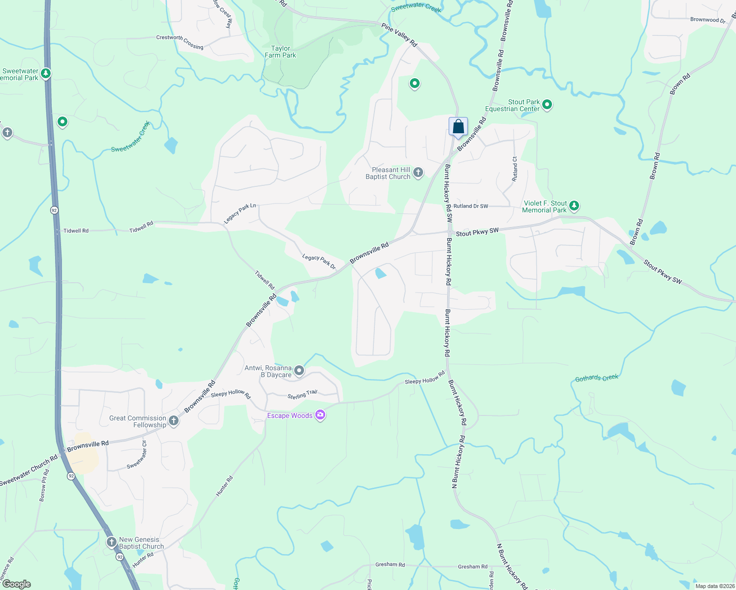 map of restaurants, bars, coffee shops, grocery stores, and more near 190 Bramlett Way in Powder Springs