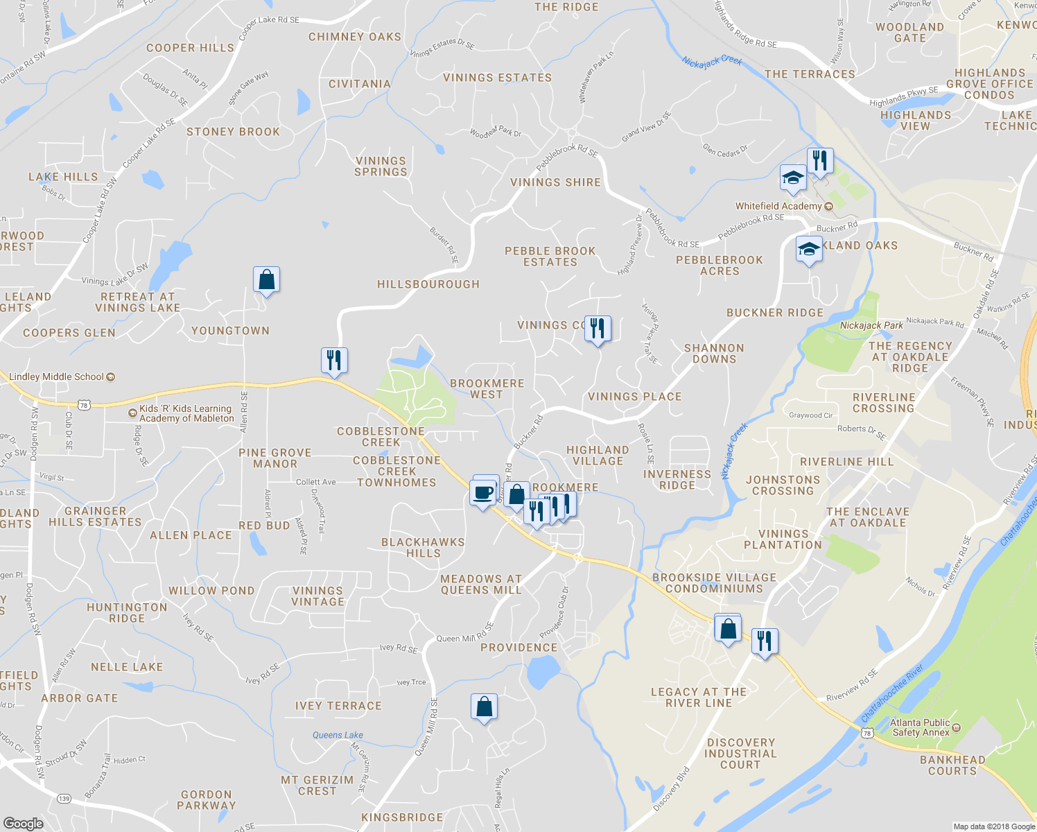map of restaurants, bars, coffee shops, grocery stores, and more near 5911 Buckner Creek Drive Southeast in Mableton