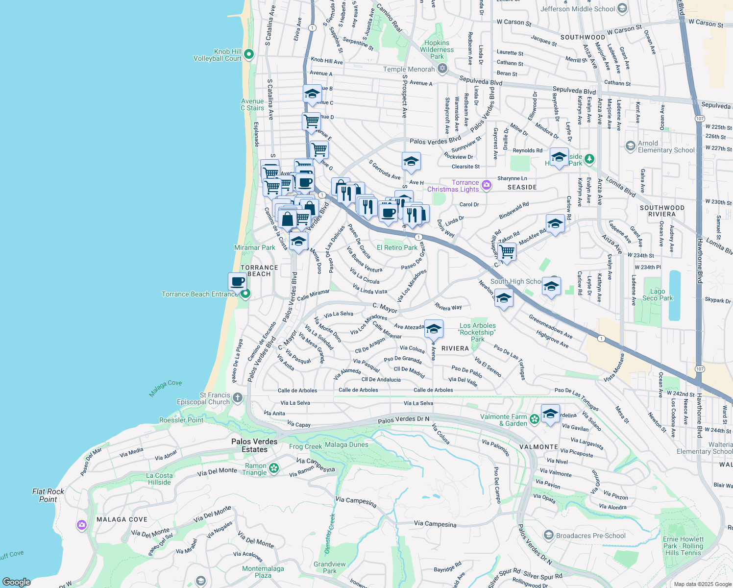 map of restaurants, bars, coffee shops, grocery stores, and more near 309 Via Linda Vista in Redondo Beach