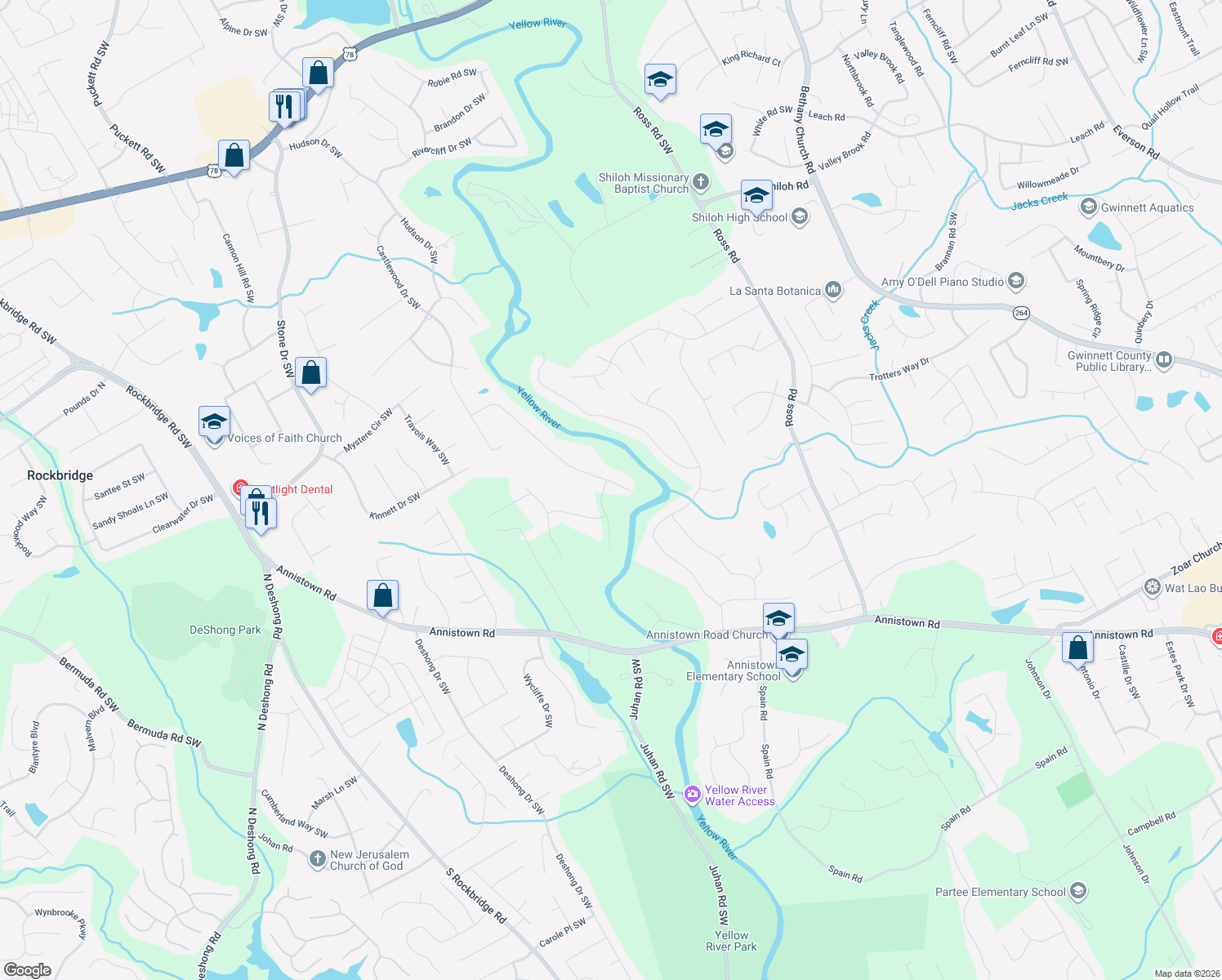 map of restaurants, bars, coffee shops, grocery stores, and more near 2781 Cliffview Drive Southwest in Lilburn