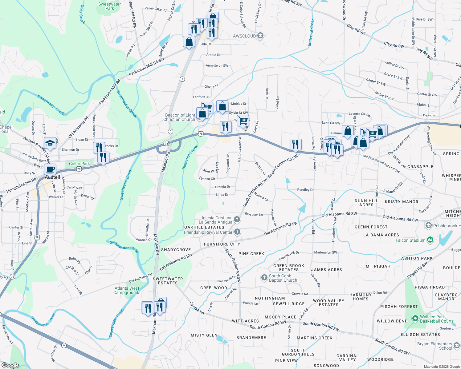 map of restaurants, bars, coffee shops, grocery stores, and more near 1908 Brenda Drive in Austell